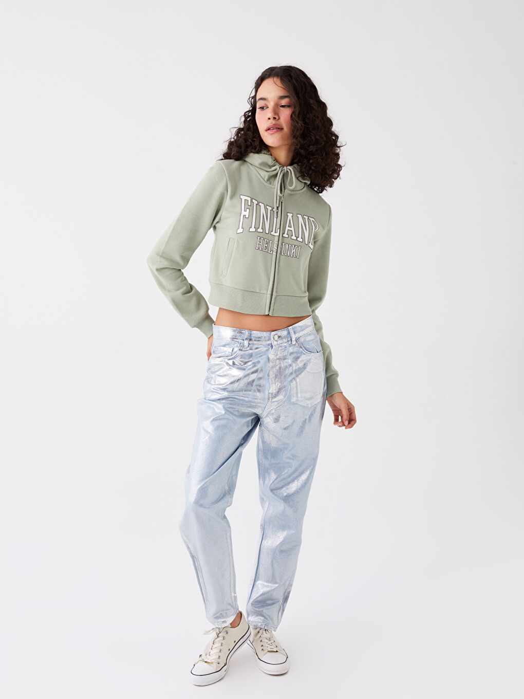 XSIDE Açık Haki Kapüşonlu Baskılı Crop Kadın Kalın Fermuarlı Sweatshirt - 2