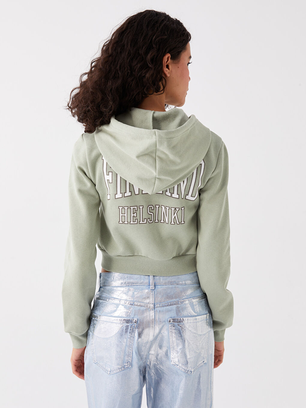 XSIDE Açık Haki Kapüşonlu Baskılı Crop Kadın Kalın Fermuarlı Sweatshirt - 4