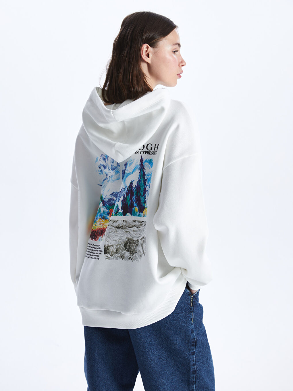 LCW Vision Ekru Vincent Van Gogh Baskılı Uzun Kollu Oversize Kadın Hoodie