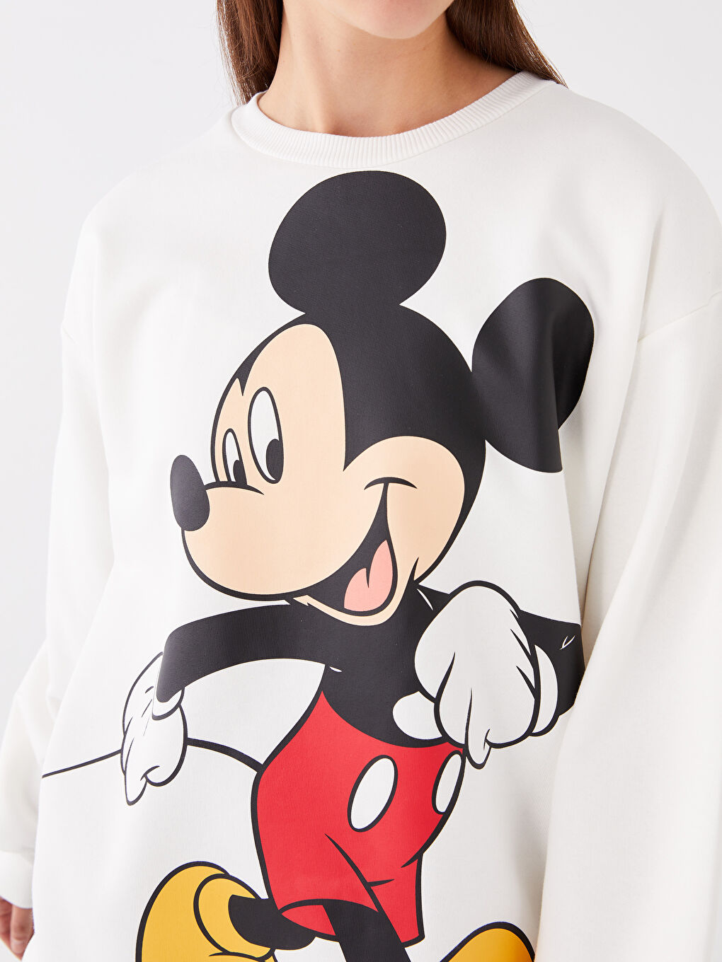 Ekru Bisiklet Yaka Mickey Mouse Baskılı Oversize Kadın Kalın Sweatshirt-3