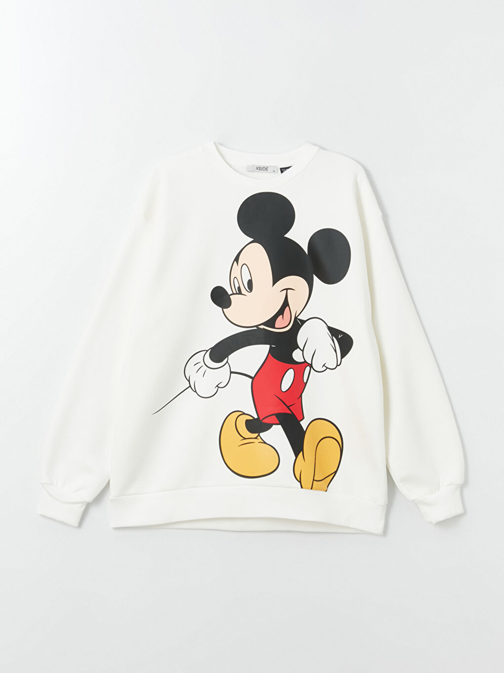 Ekru Bisiklet Yaka Mickey Mouse Baskılı Oversize Kadın Kalın Sweatshirt-5