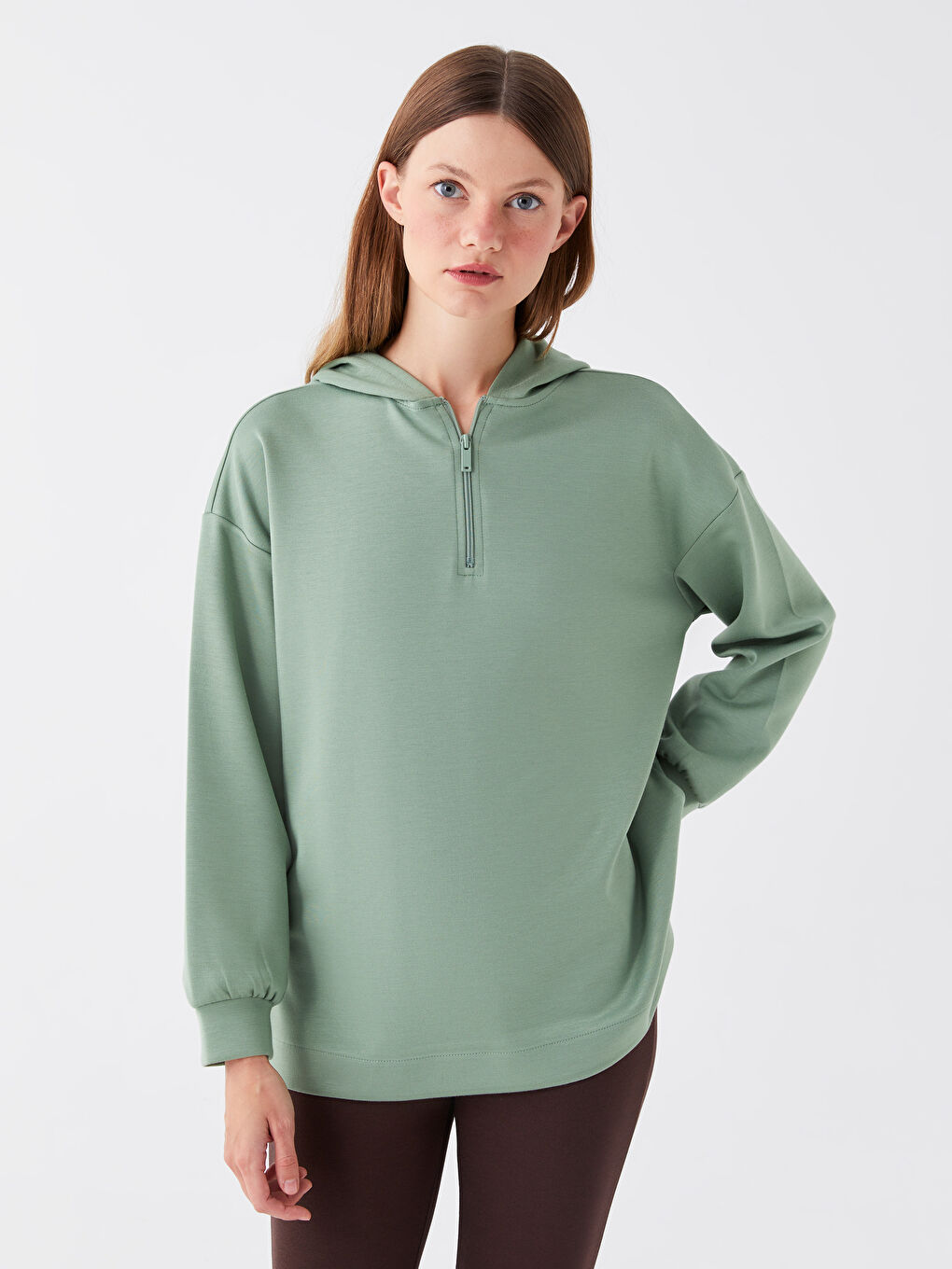 LCWAIKIKI Basic Mat Yeşil Düz Oversize Kadın Hoodie - 1