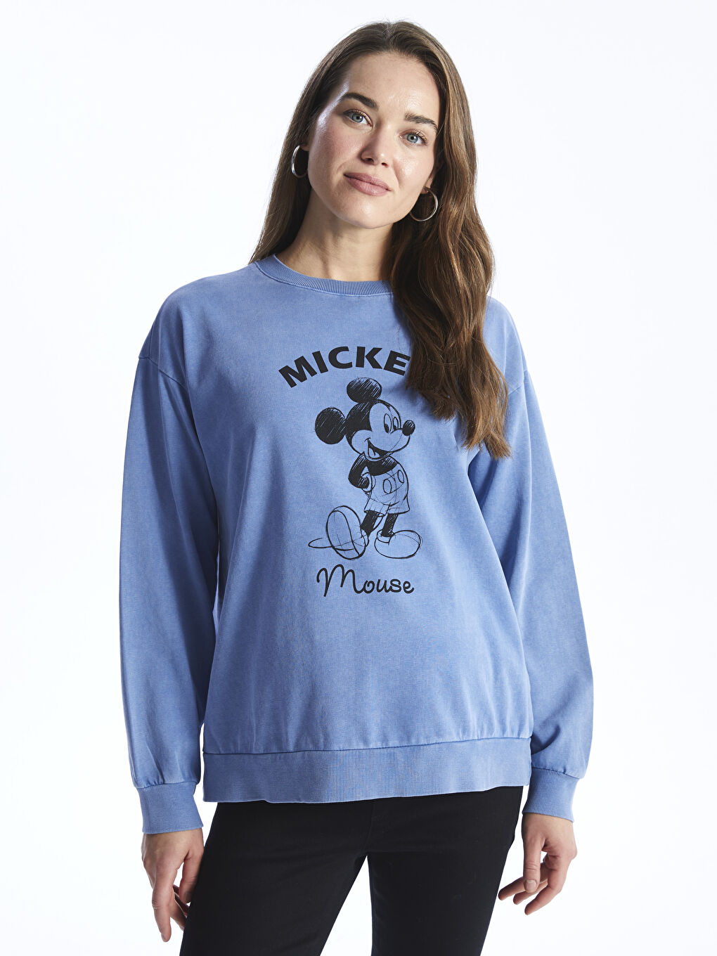 LCWAIKIKI Maternity Koyu Mavi Asit Yıkamalı Bisiklet Yaka Mickey Mouse Baskılı Uzun Kollu Hamile Sweatshirt