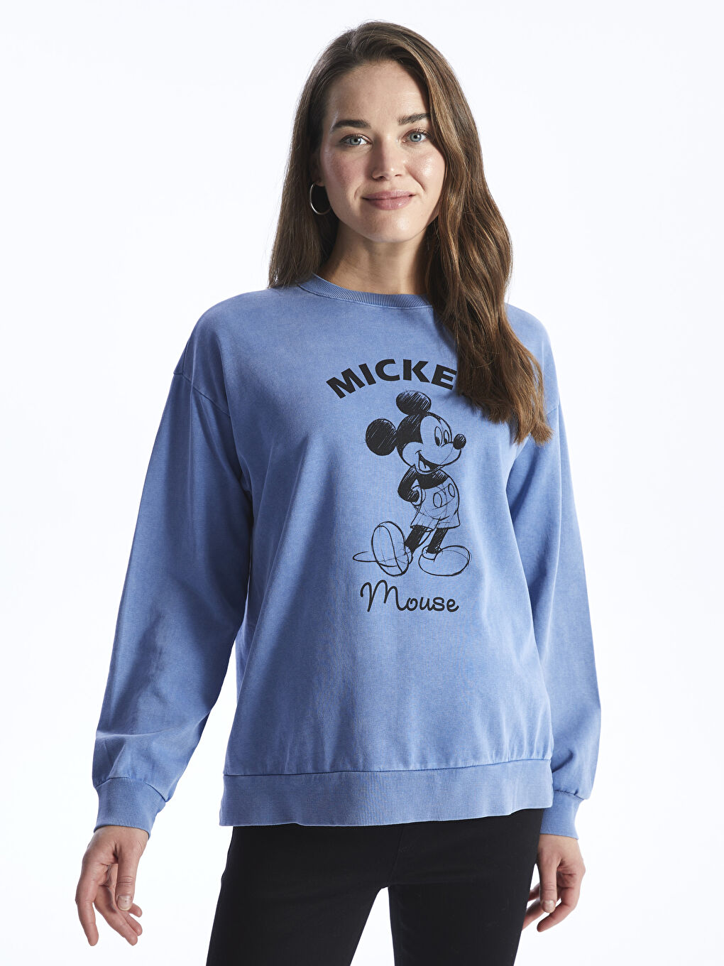 LCWAIKIKI Maternity Koyu Mavi Asit Yıkamalı Bisiklet Yaka Mickey Mouse Baskılı Uzun Kollu Hamile Sweatshirt - 1