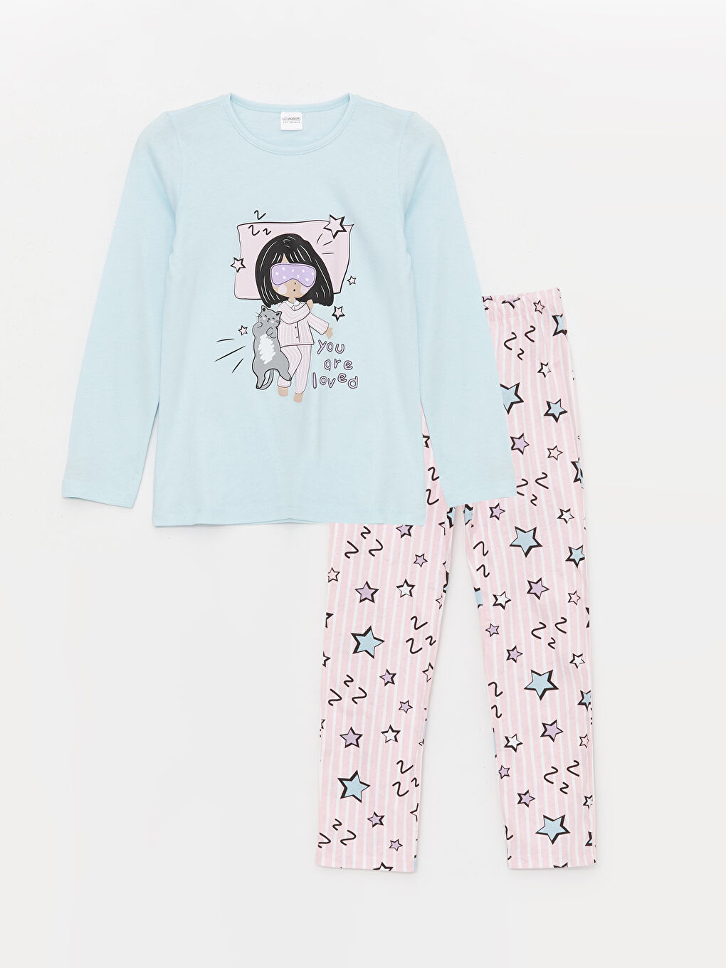 LCW Kids Mavi Bisiklet Yaka Baskılı Uzun Kollu Kız Çocuk Pijama Takımı