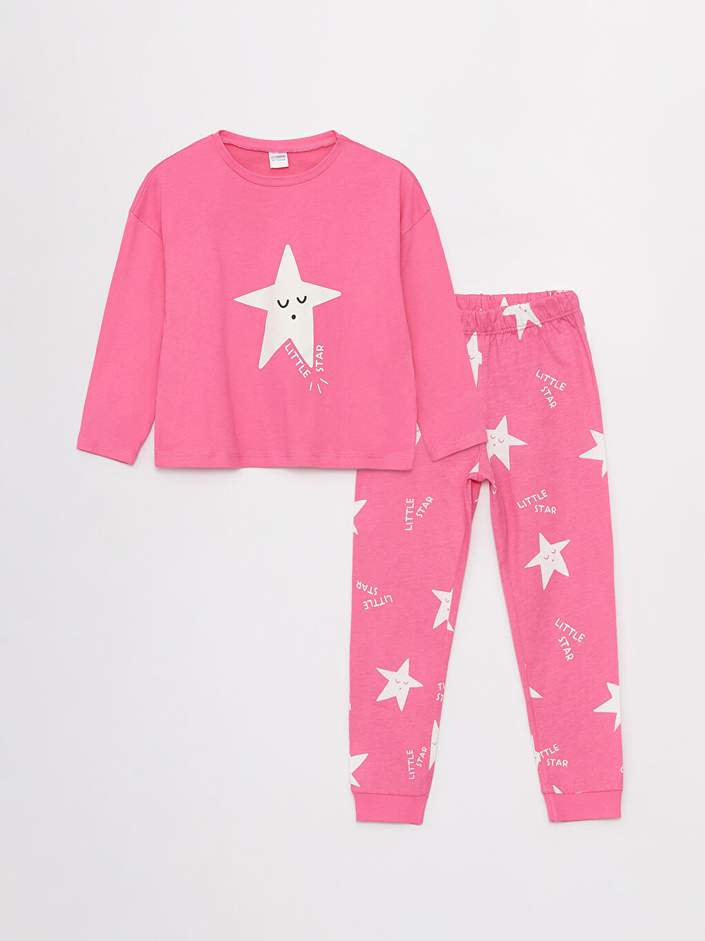 LCW Kids Pembe Bisiklet Yaka Baskılı Uzun Kollu Kız Çocuk Pijama Takımı