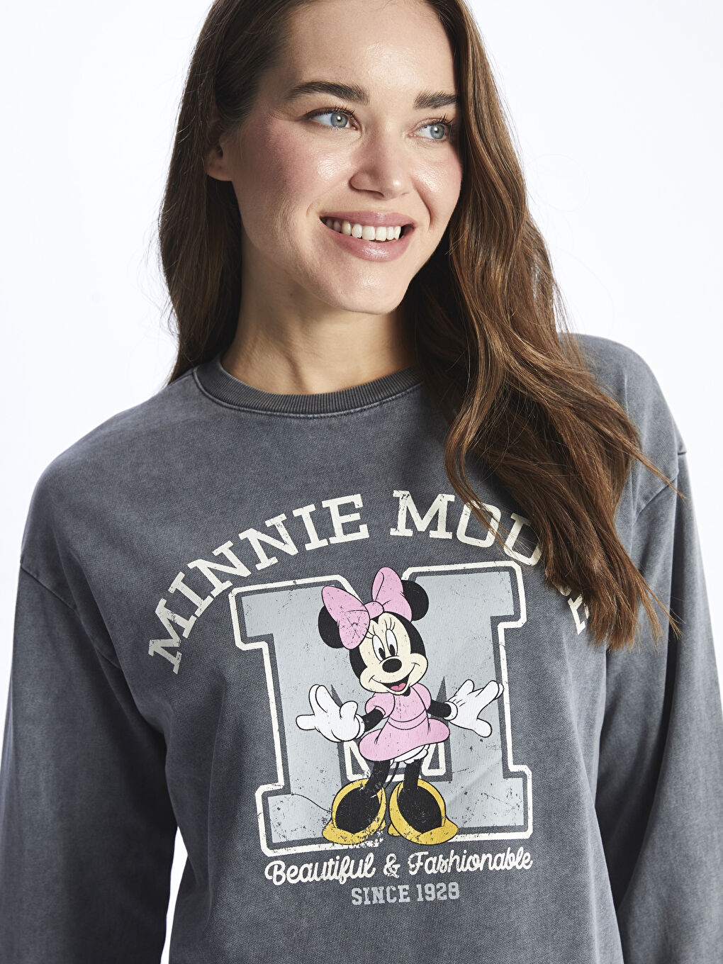 LCWAIKIKI Maternity Antrasit Bisiklet Yaka Minnie Mouse Baskılı Uzun Kollu Hamile Sweatshirt - 1