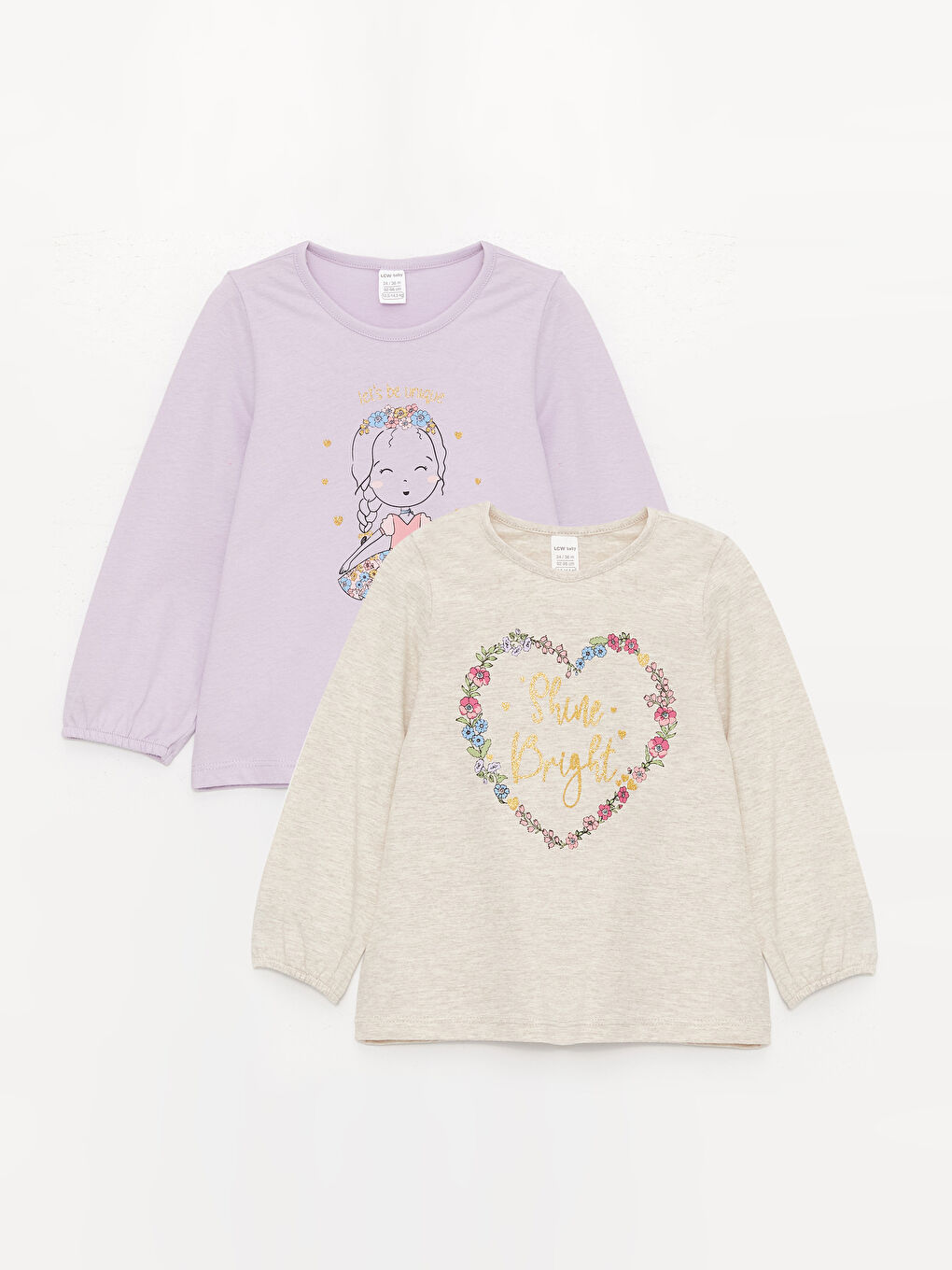 Lila Bisiklet Yaka Uzun Kollu Kız Bebek Tişört 2'li