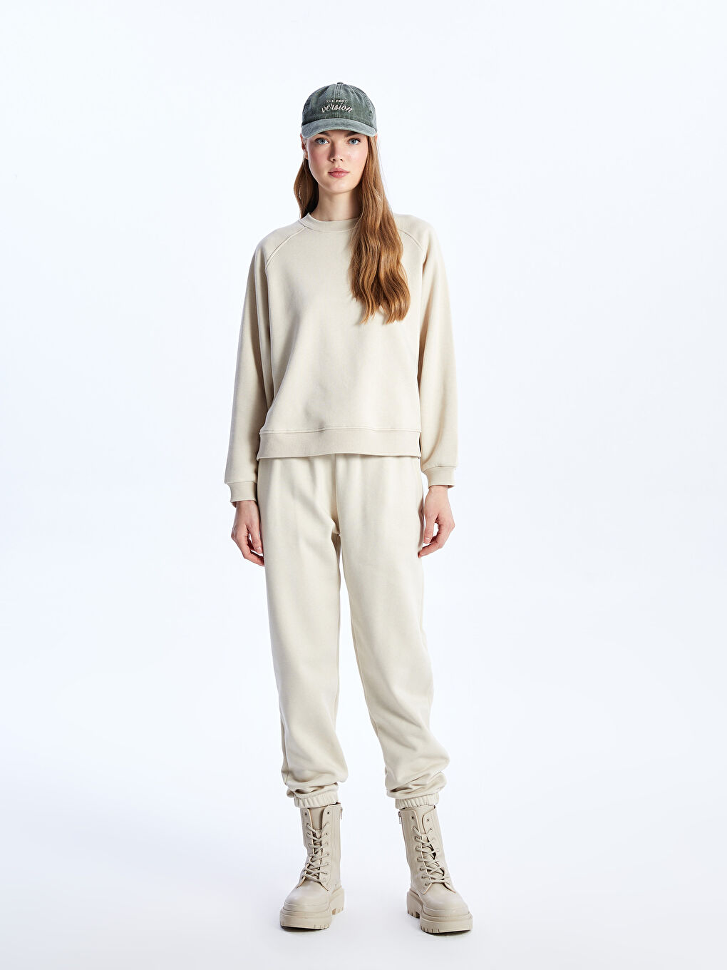Bej Bisiklet Yaka Oversize Kadın Sweatshirt-2