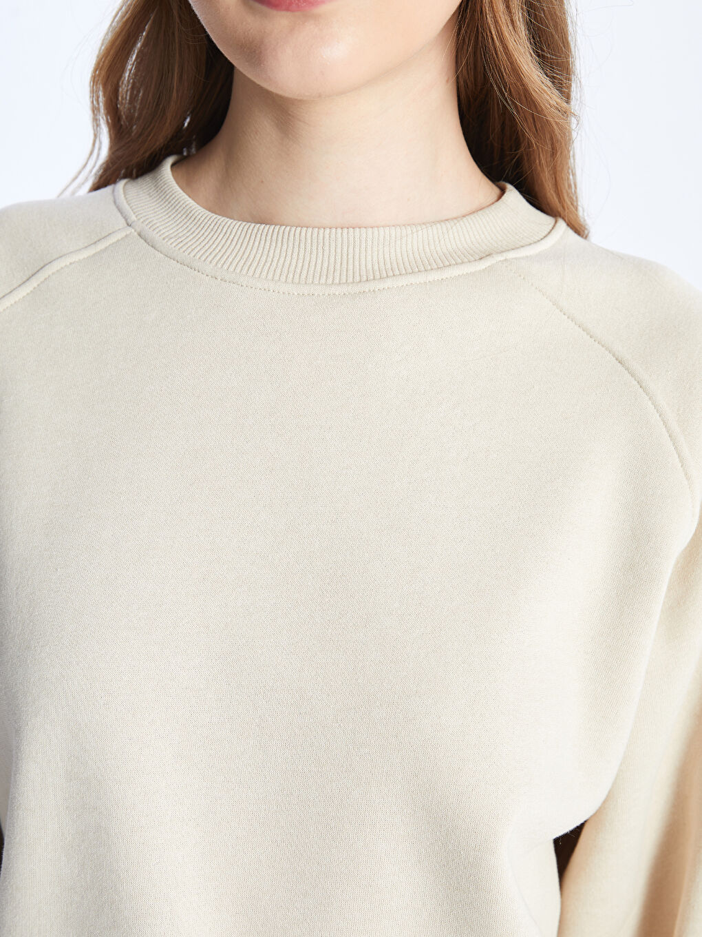 Bej Bisiklet Yaka Oversize Kadın Sweatshirt-3