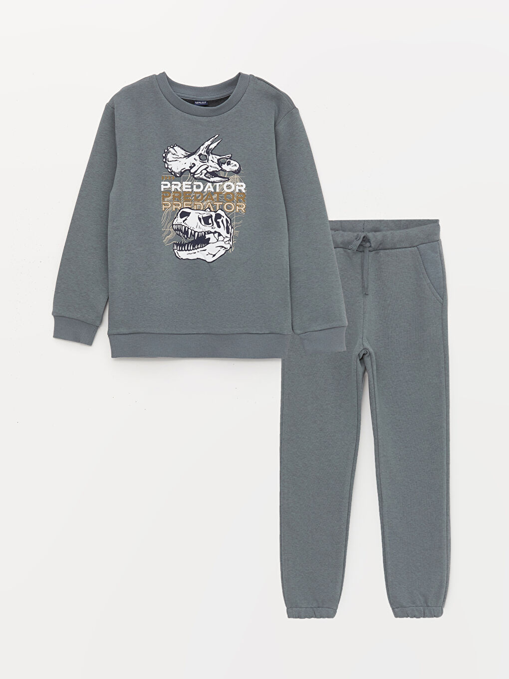 Gri Bisiklet Yaka Baskılı Uzun Kollu Erkek Çocuk Sweatshirt ve Eşofman Altı