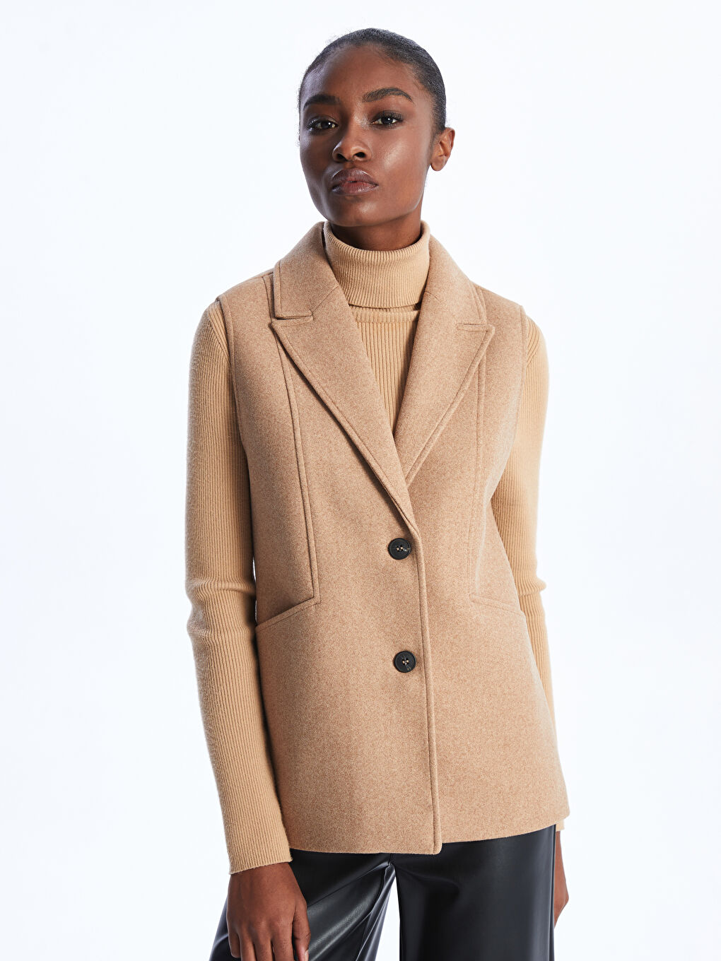 Kahverengi Kadın Ceket Yaka Düz Kaşe Yelek