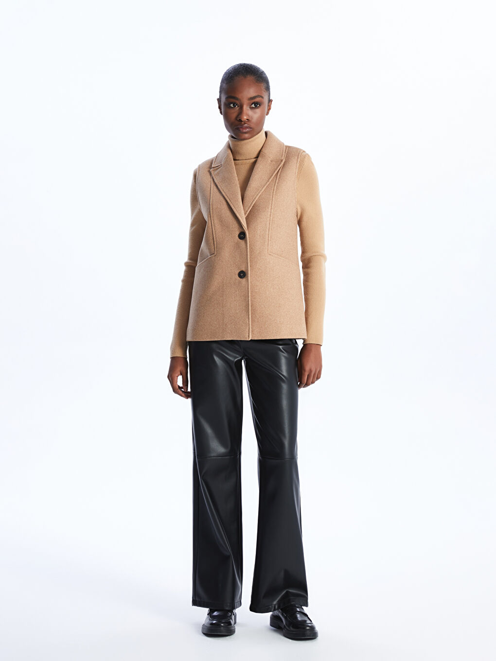 Kahverengi Kadın Ceket Yaka Düz Kaşe Yelek-1