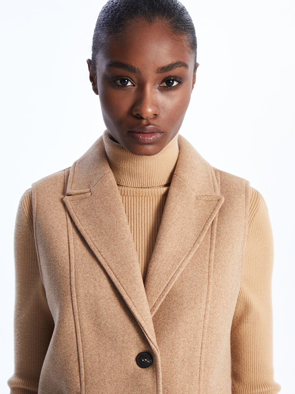 Kahverengi Kadın Ceket Yaka Düz Kaşe Yelek-2