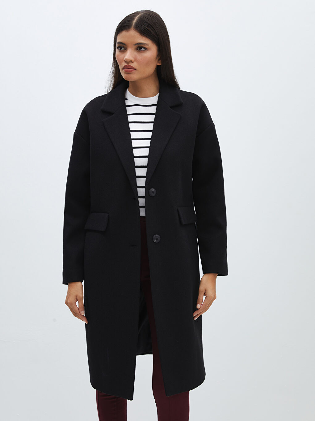 Siyah Ceket Yaka Düz Oversize Kadın Kaşe Kaban-1