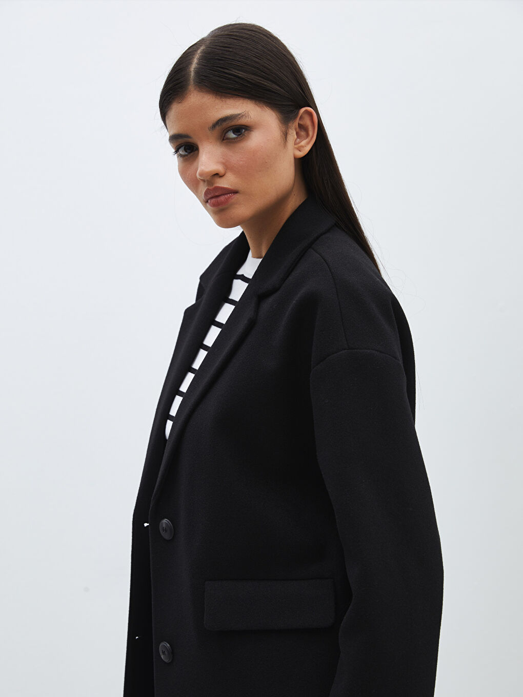 Siyah Ceket Yaka Düz Oversize Kadın Kaşe Kaban-2