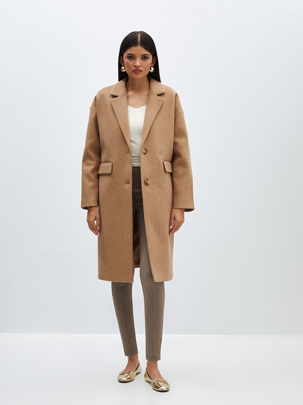 Kahverengi Ceket Yaka Düz Oversize Kadın Kaşe Kaban