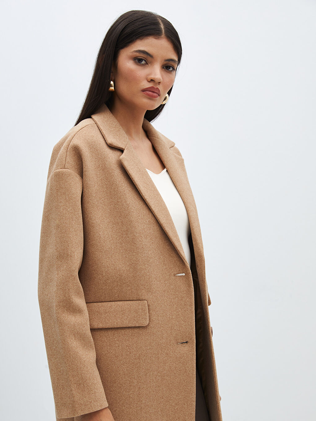 Kahverengi Ceket Yaka Düz Oversize Kadın Kaşe Kaban-2