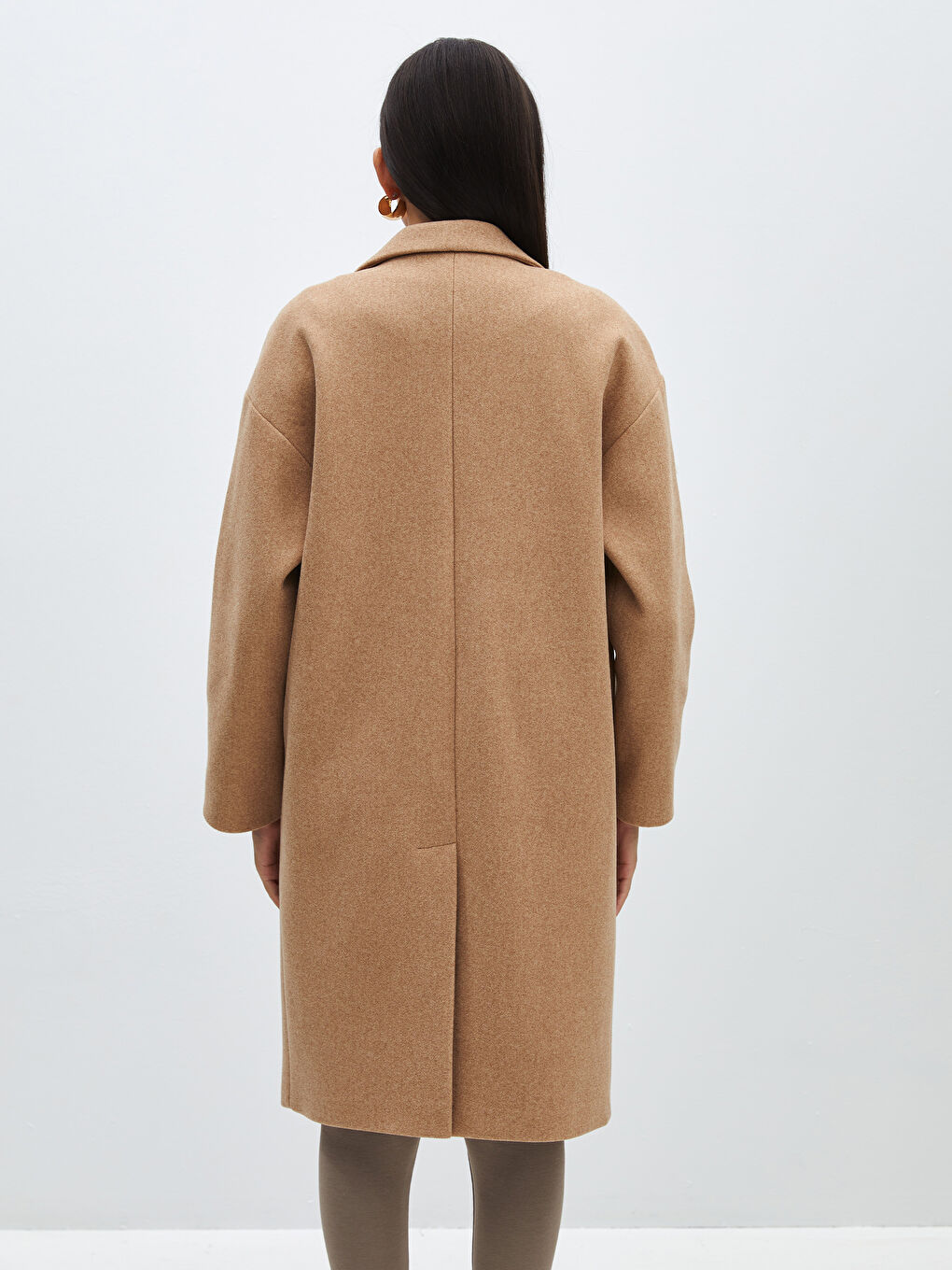 Kahverengi Ceket Yaka Düz Oversize Kadın Kaşe Kaban-5