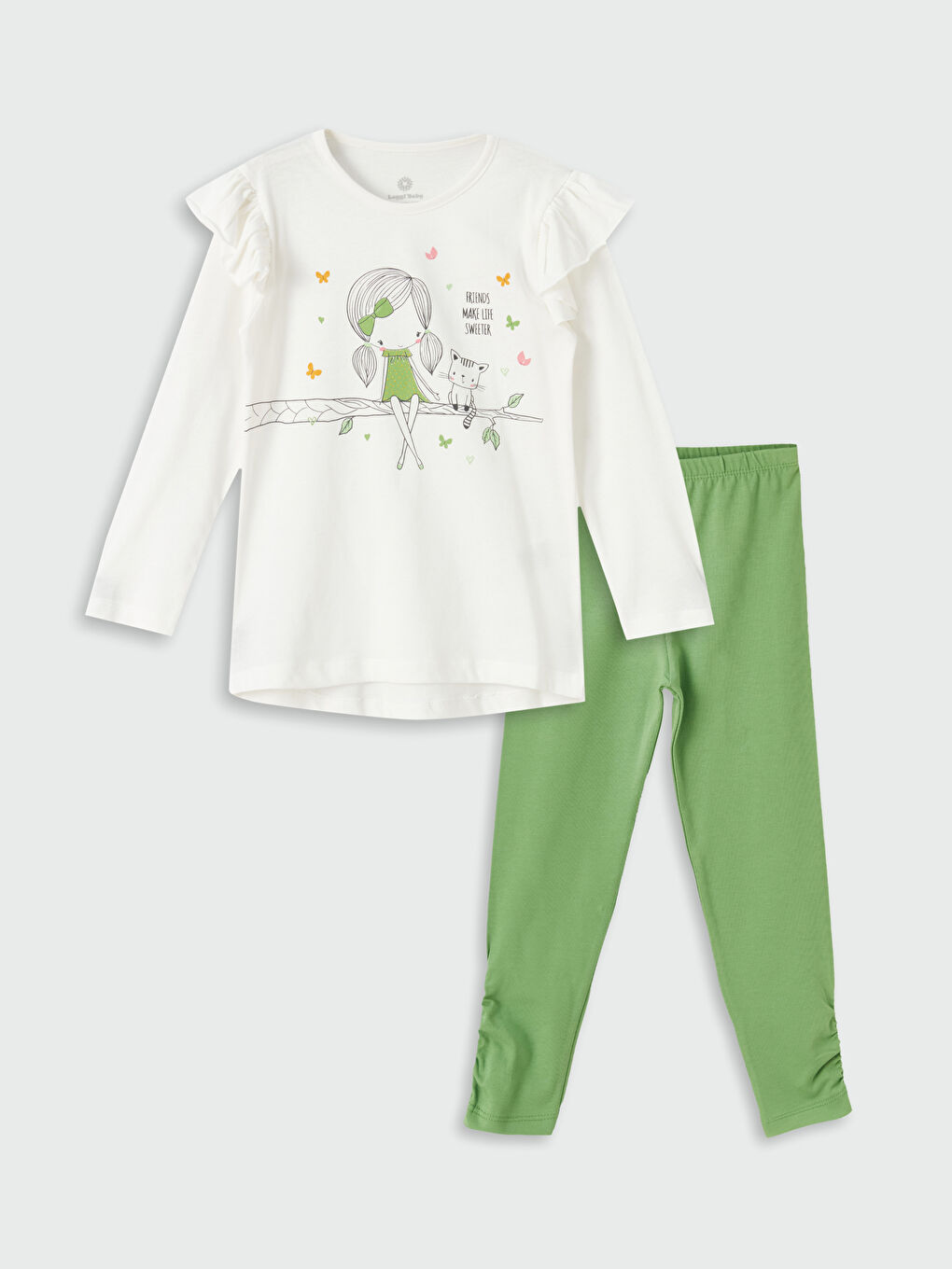 Bej Bisiklet Yaka Uzun Kollu Baskılı Kız Bebek 2'li Takım