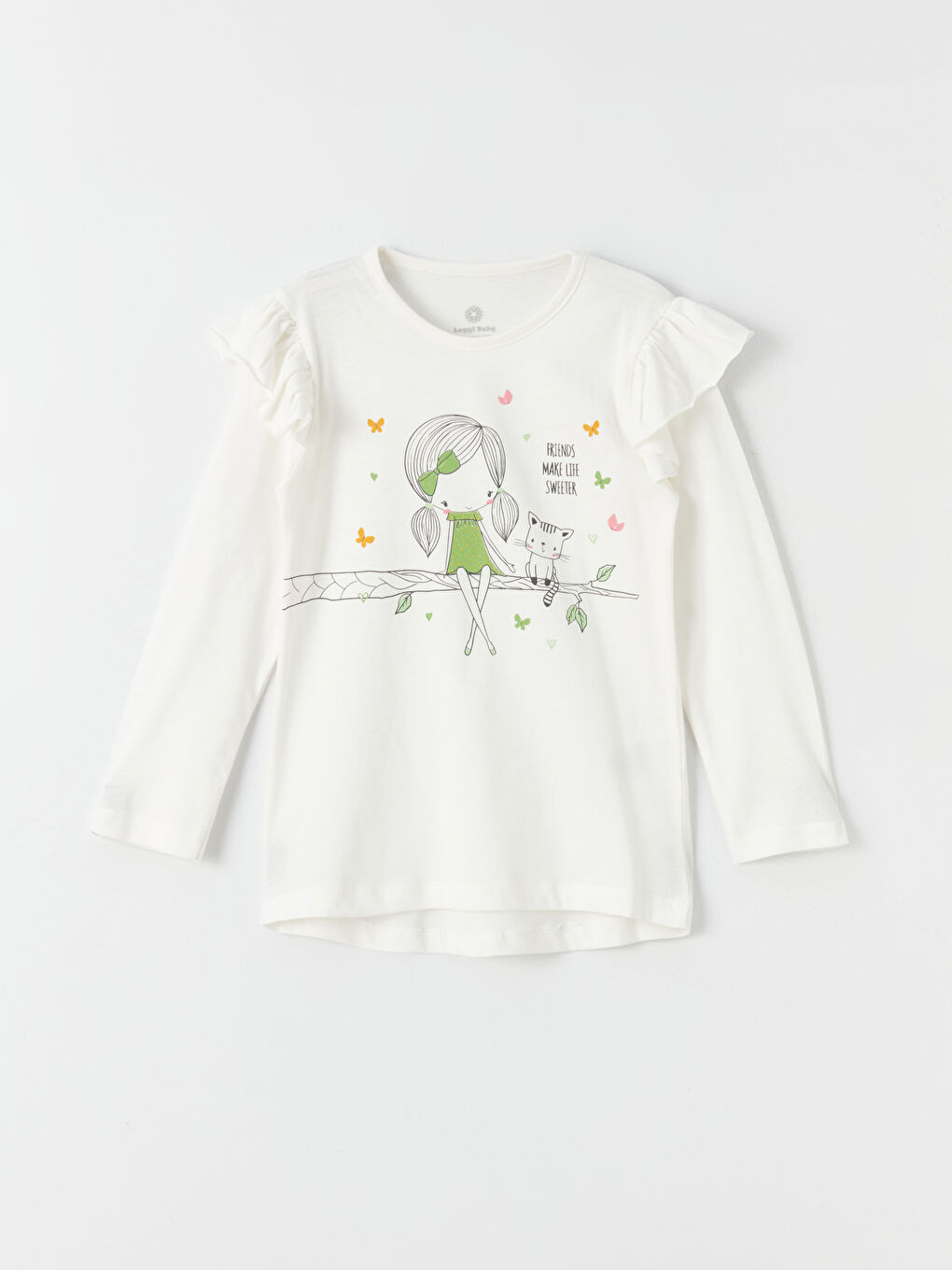 Bej Bisiklet Yaka Uzun Kollu Baskılı Kız Bebek 2'li Takım-1