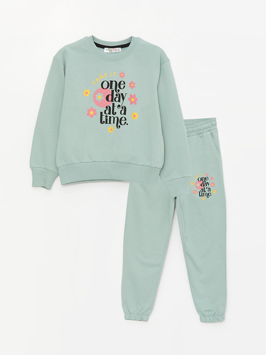 Yeşil Bisiklet Yaka Uzun Kollu Kız Çocuk Sweatshirt ve Eşofman Alt 2'li Takım