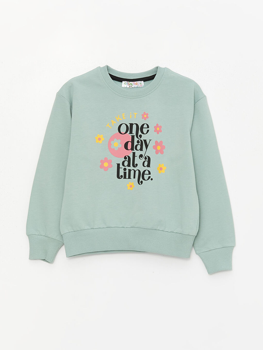 Yeşil Bisiklet Yaka Uzun Kollu Kız Çocuk Sweatshirt ve Eşofman Alt 2'li Takım-1