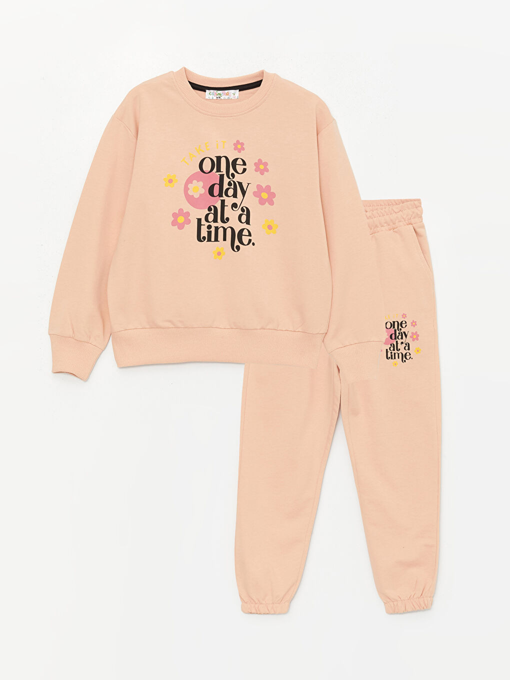 Bej Bisiklet Yaka Uzun Kollu Kız Çocuk Sweatshirt ve Eşofman Alt 2'li Takım