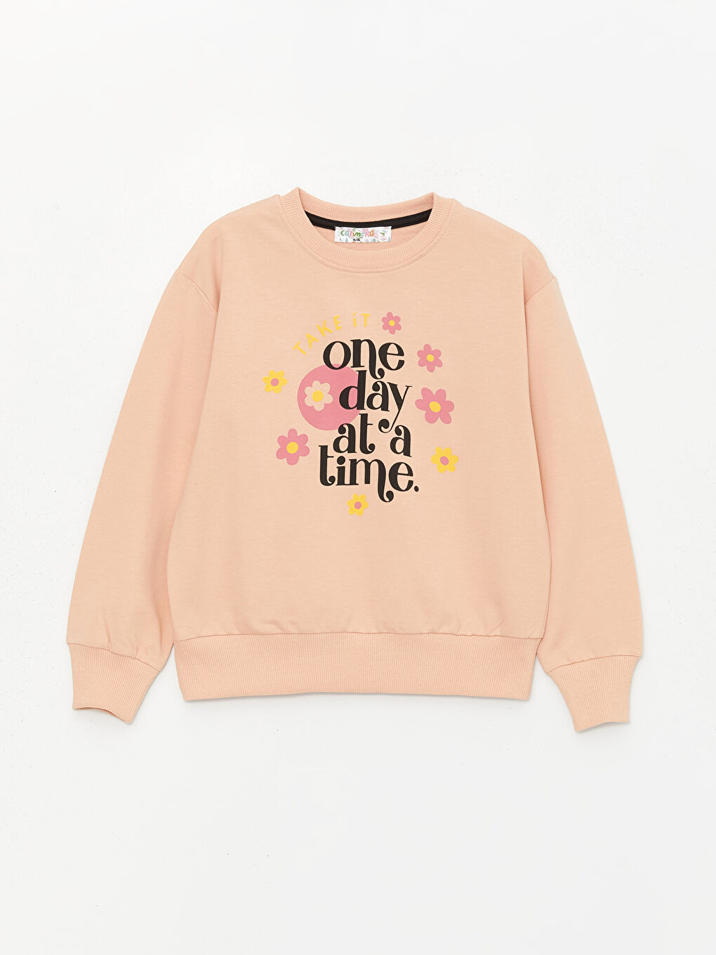 Bej Bisiklet Yaka Uzun Kollu Kız Çocuk Sweatshirt ve Eşofman Alt 2'li Takım-1