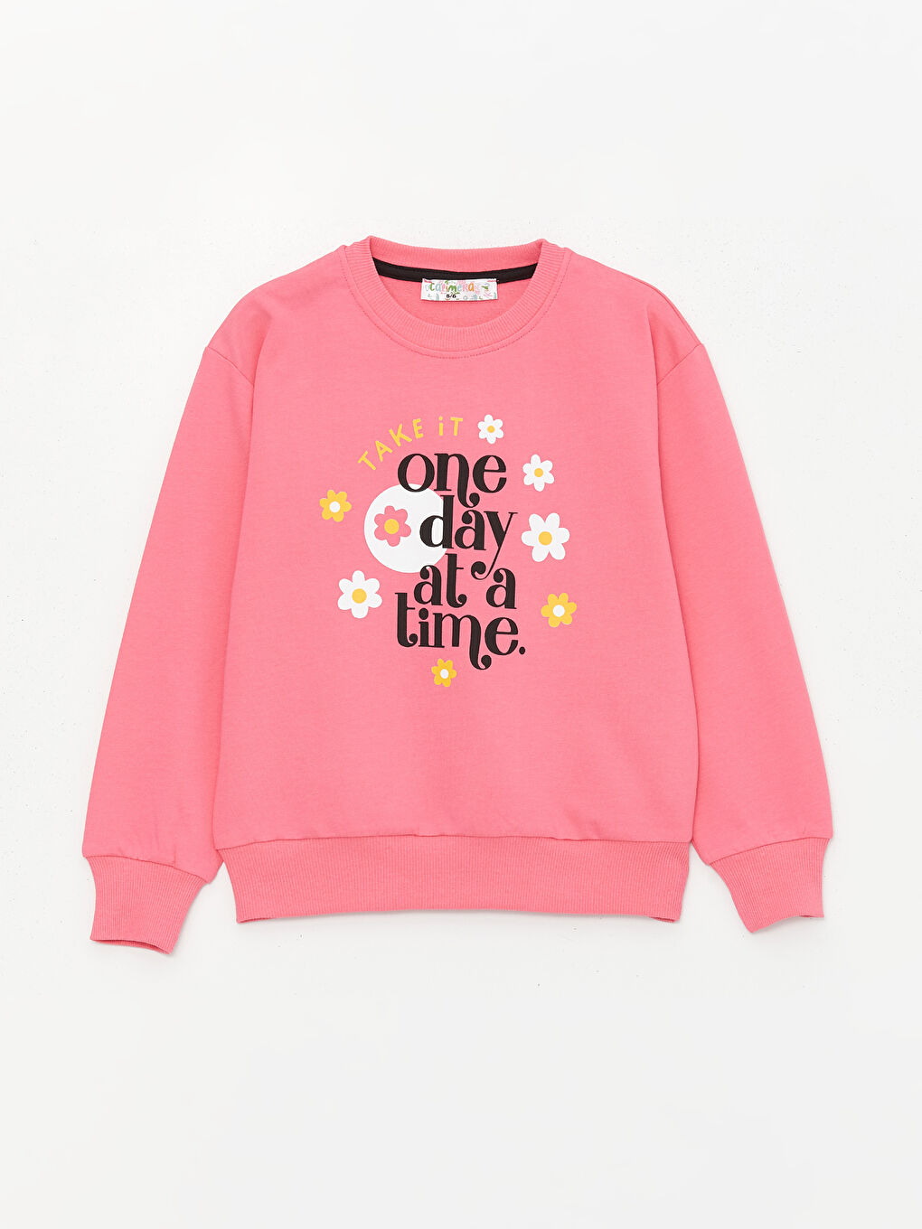 Pembe Bisiklet Yaka Uzun Kollu Kız Çocuk Sweatshirt ve Eşofman Alt 2'li Takım-1