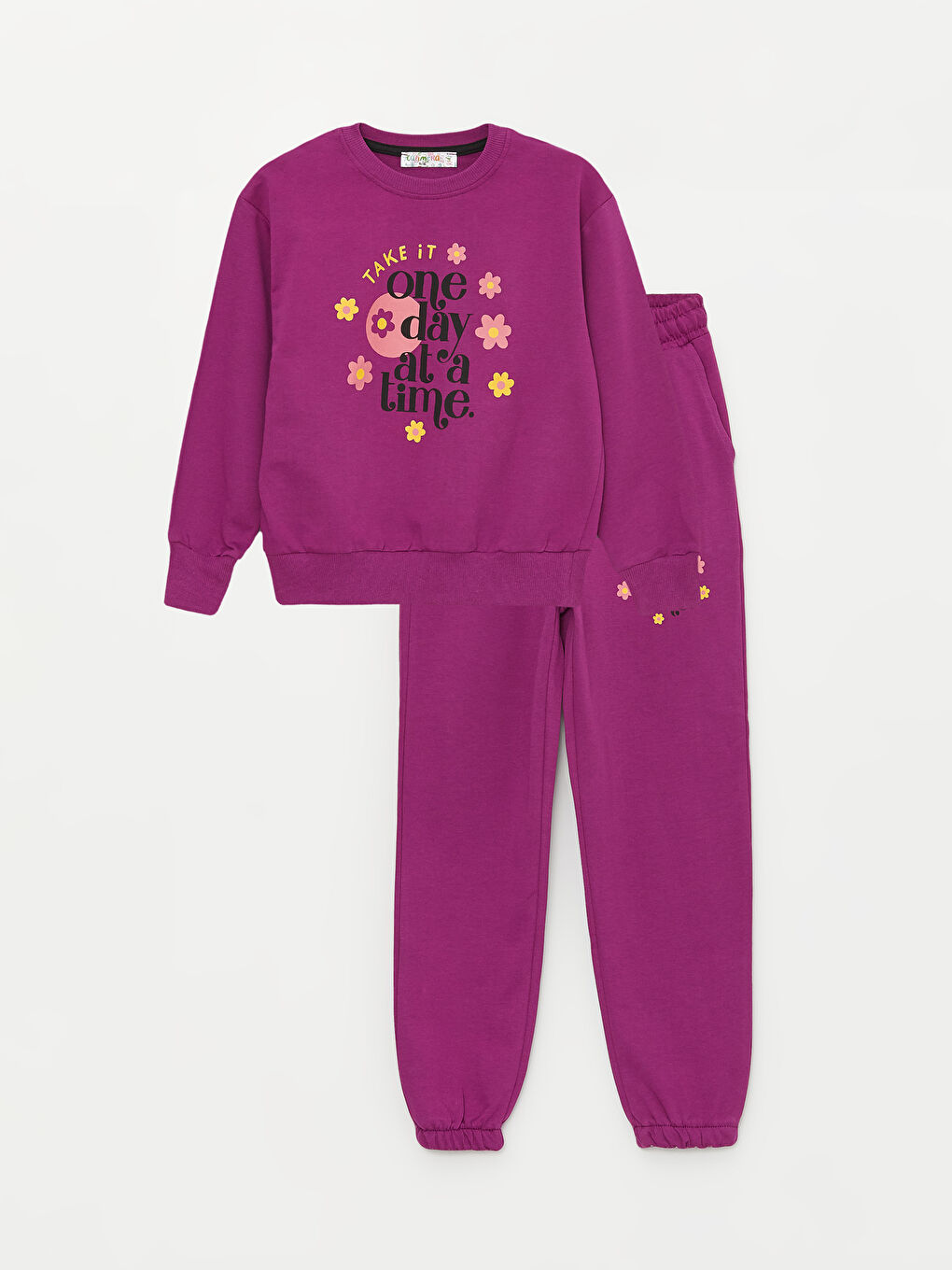 Mor Bisiklet Yaka Uzun Kollu Kız Çocuk Sweatshirt ve Eşofman Alt 2'li Takım