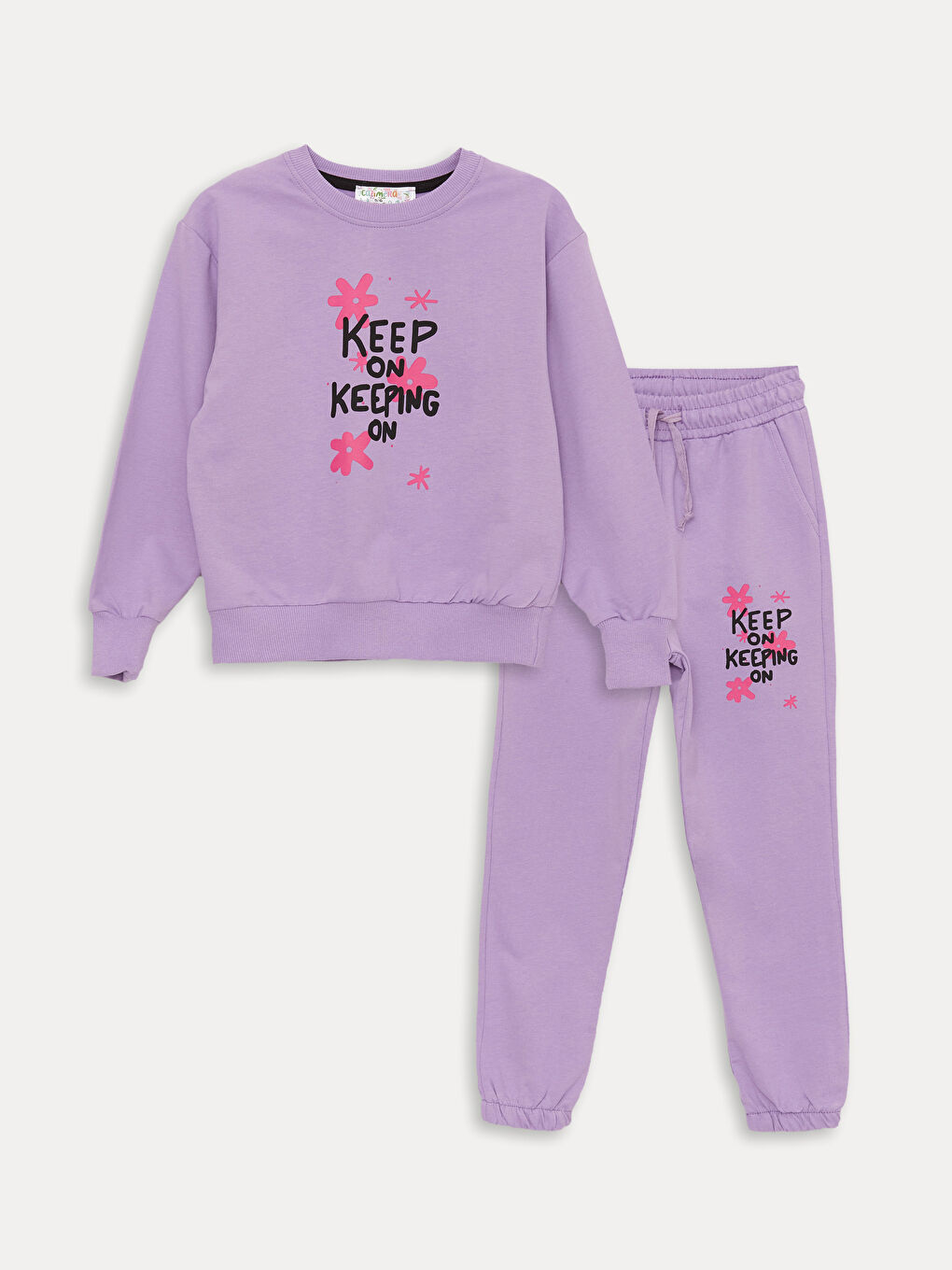 Lila Bisiklet Yaka Baskılı Uzun Kollu Kız Çocuk Sweatshirt ve Eşofman Alt 2'li Takım