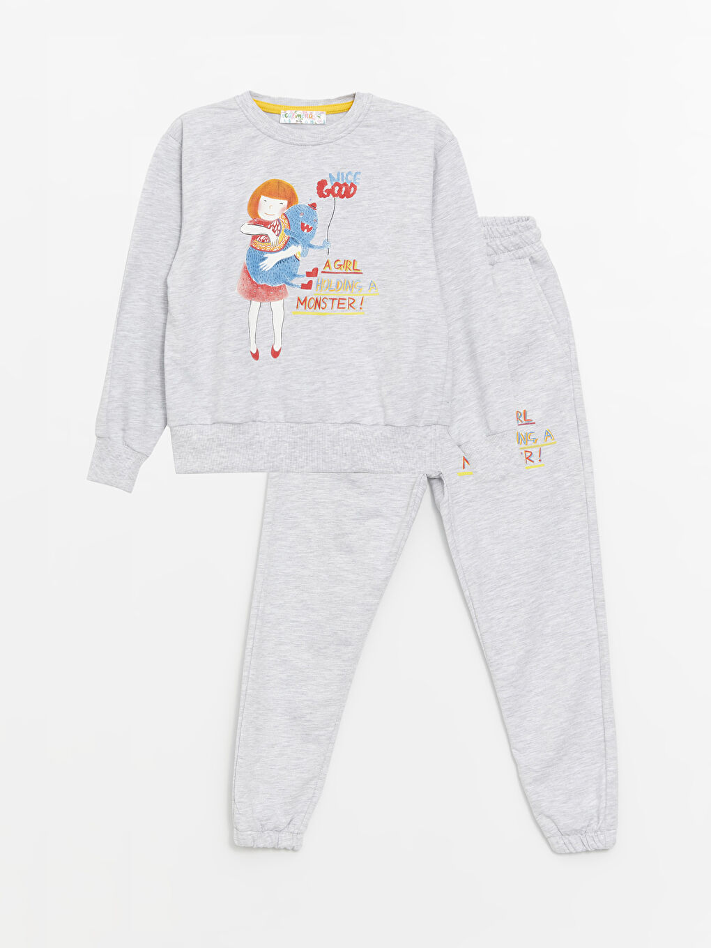 Calimera Kids Gri Bisiklet Yaka Baskılı Uzun Kollu Kız Çocuk Sweatshirt ve Eşofman Alt 2'li Takım