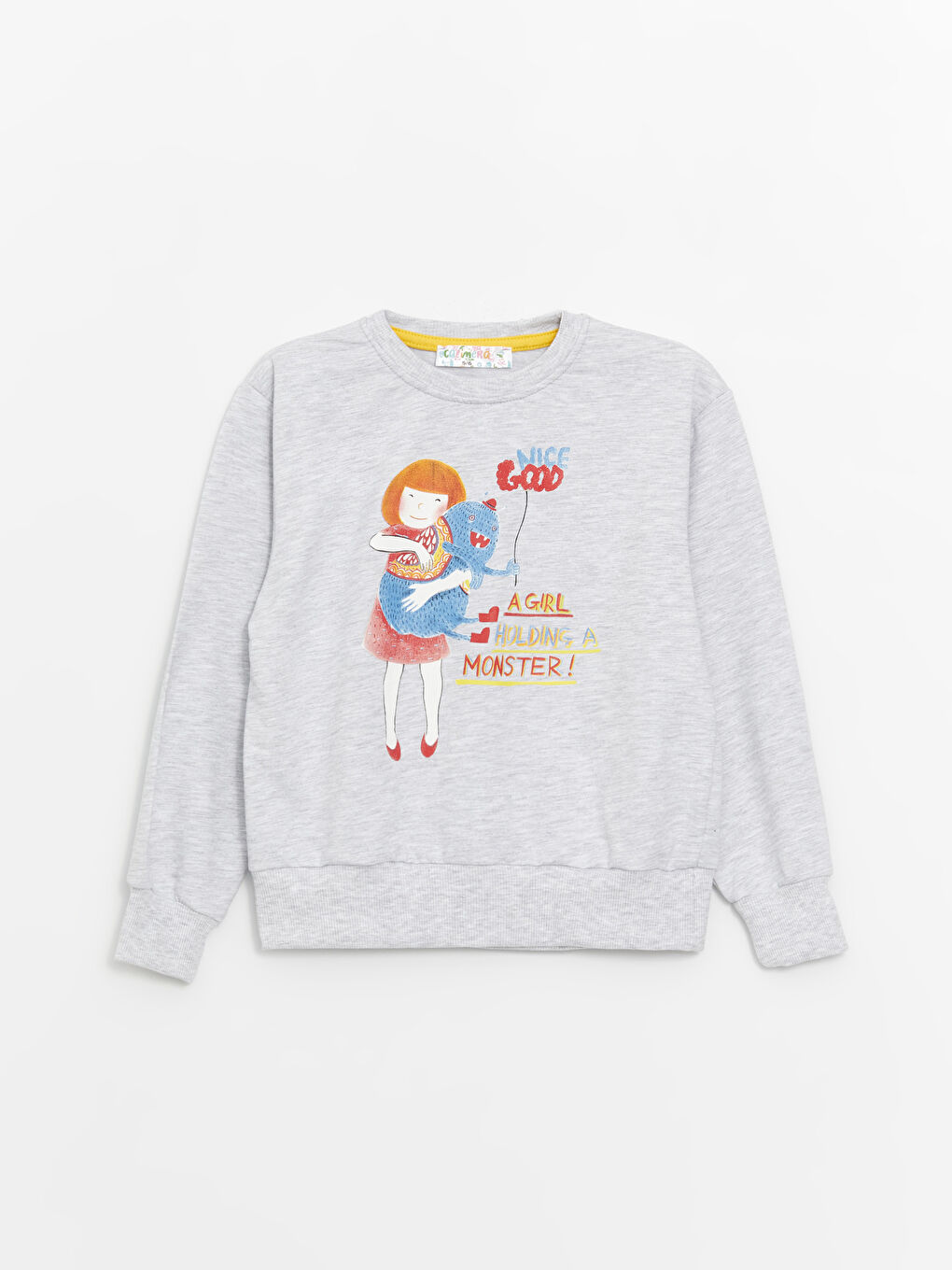 Calimera Kids Gri Bisiklet Yaka Baskılı Uzun Kollu Kız Çocuk Sweatshirt ve Eşofman Alt 2'li Takım - 1