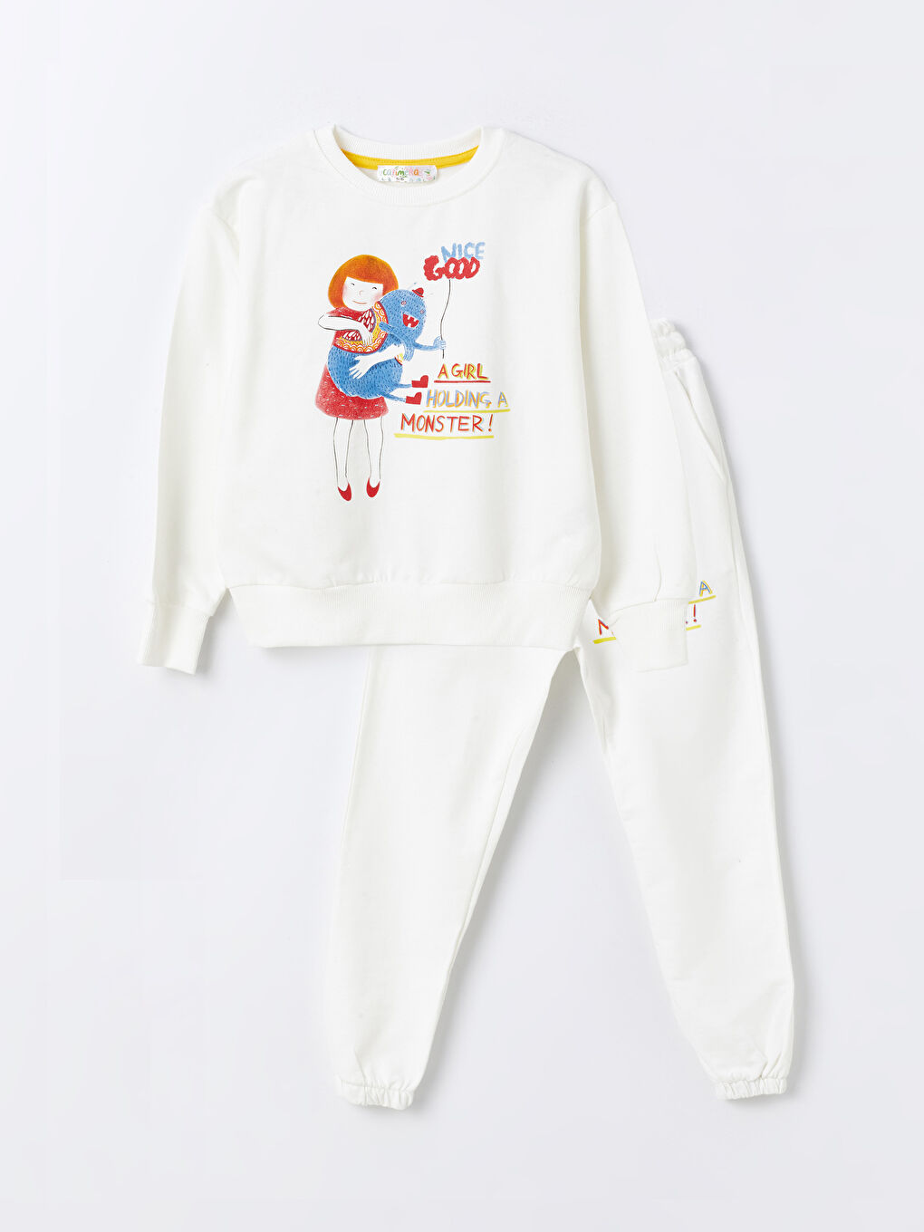 Calimera Kids Ekru Bisiklet Yaka Baskılı Uzun Kollu Kız Çocuk Sweatshirt ve Eşofman Alt 2'li Takım