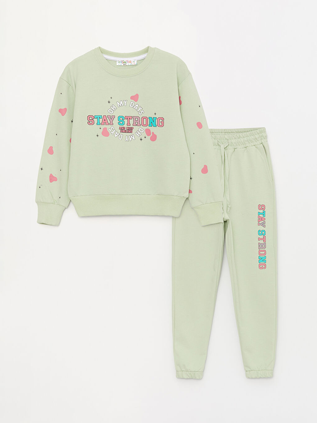 Yeşil Bisiklet Yaka Baskılı Uzun Kollu Kız Çocuk Sweatshirt ve Eşofman Alt 2'li Takım