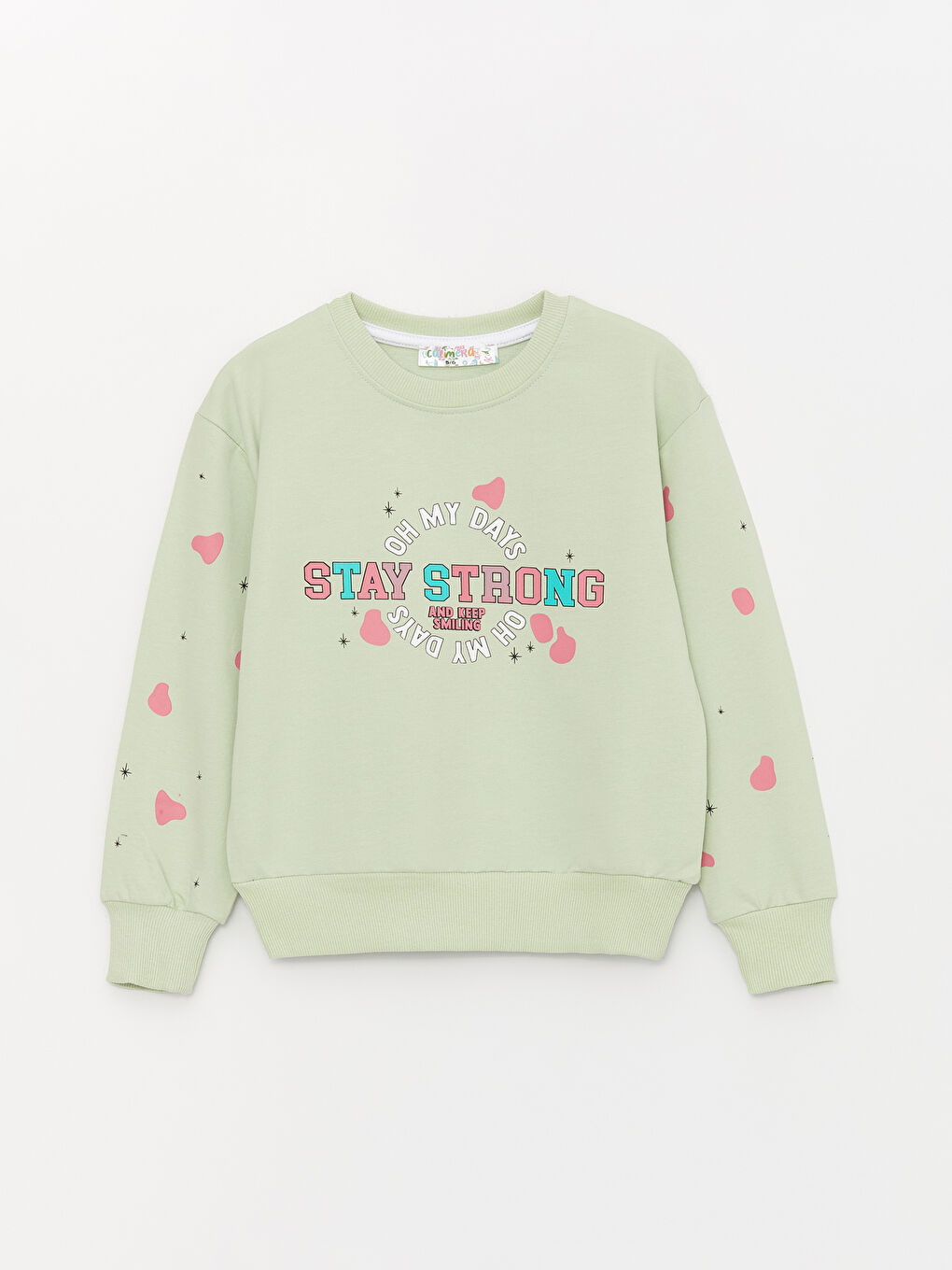 Yeşil Bisiklet Yaka Baskılı Uzun Kollu Kız Çocuk Sweatshirt ve Eşofman Alt 2'li Takım-1