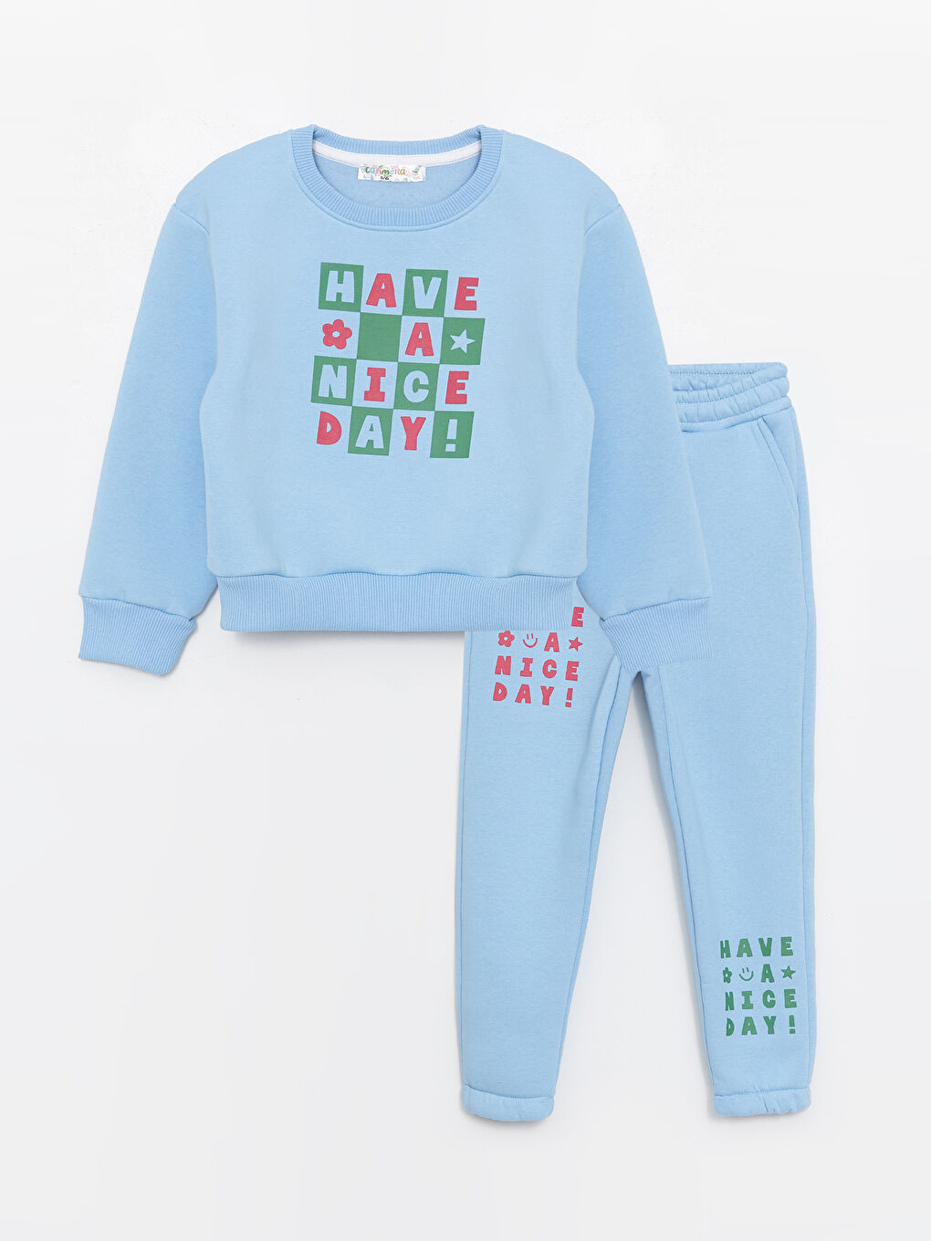 Calimera Kids Mavi Bisiklet Yaka Uzun Kollu Kız Çocuk Sweatshirt ve Eşofman Alt 2'li Takım