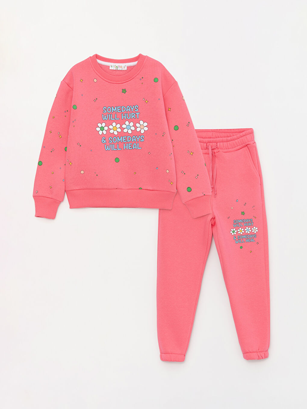 Pembe Bisiklet Yaka Baskılı Uzun Kollu Kız Çocuk Sweatshirt ve Eşofman Alt 2'li Takım