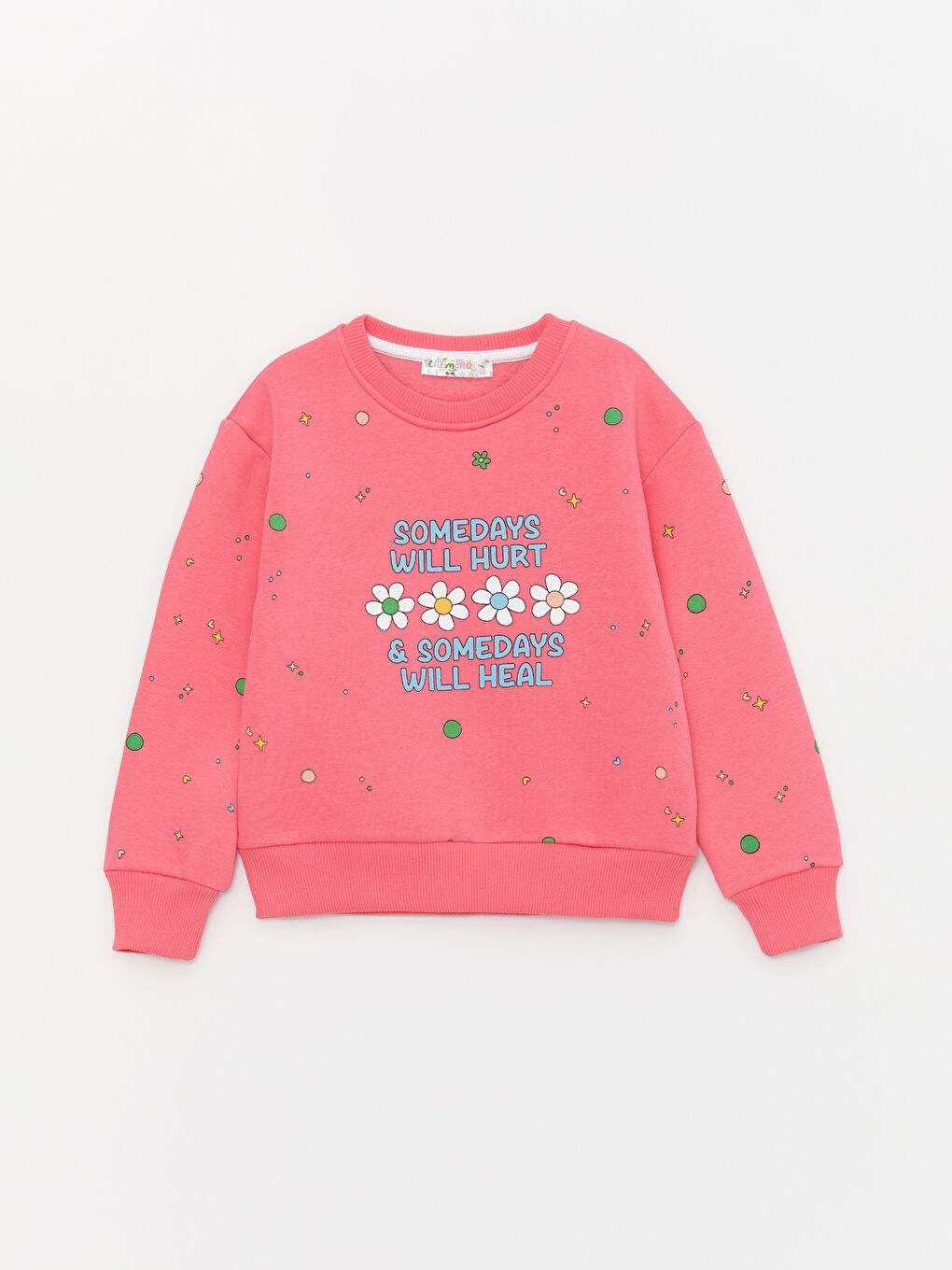 Pembe Bisiklet Yaka Baskılı Uzun Kollu Kız Çocuk Sweatshirt ve Eşofman Alt 2'li Takım-1