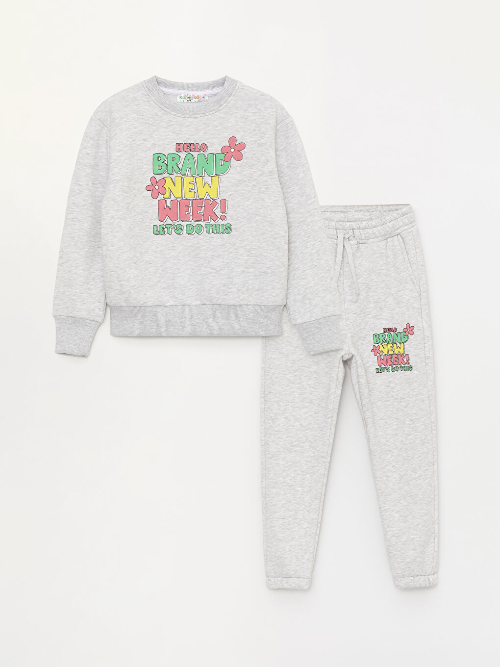 Calimera Kids Gri Melanj Bisiklet Yaka Baskılı Uzun Kollu Kız Çocuk Sweatshirt ve Eşofman Alt 2'li Takım