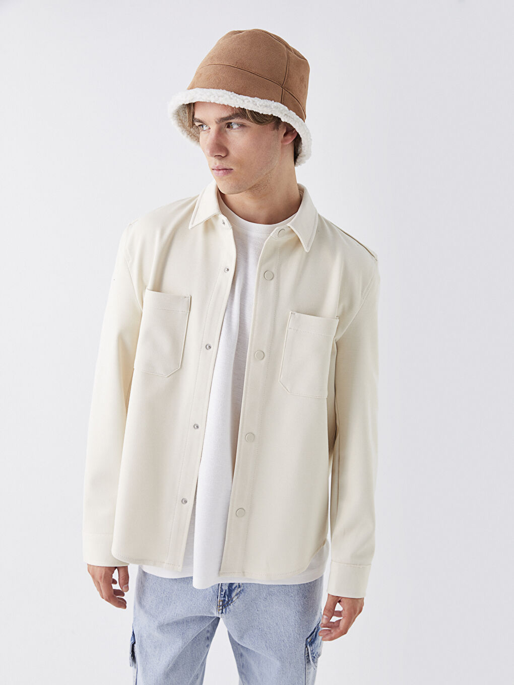 Bej Regular Fit Uzun Kollu Erkek Gömlek Ceket-1