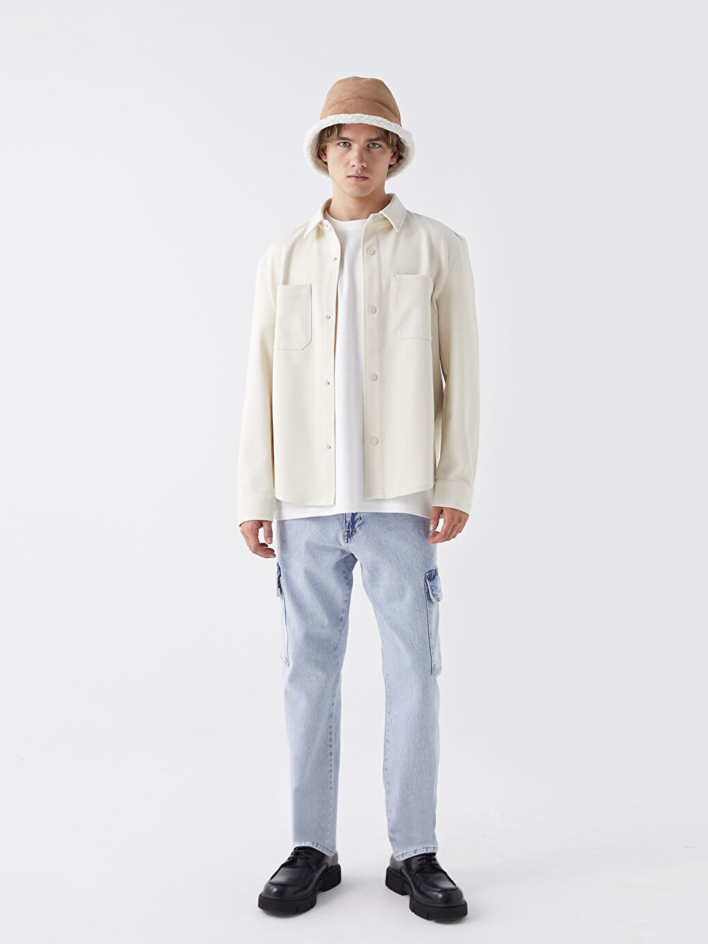 Bej Regular Fit Uzun Kollu Erkek Gömlek Ceket-3