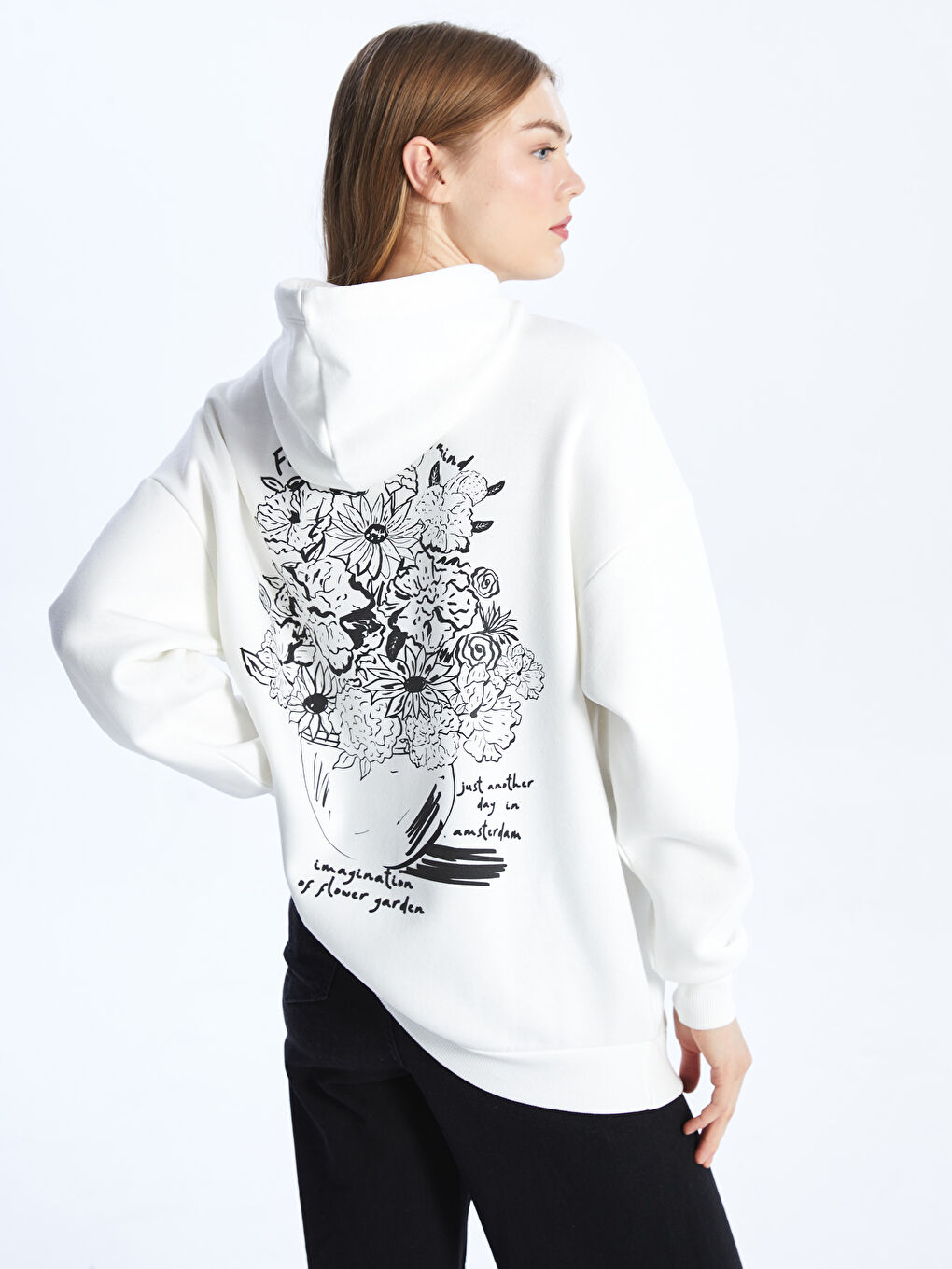 LCW Vision Ekru Baskılı Oversize Kadın Kalın Hoodie