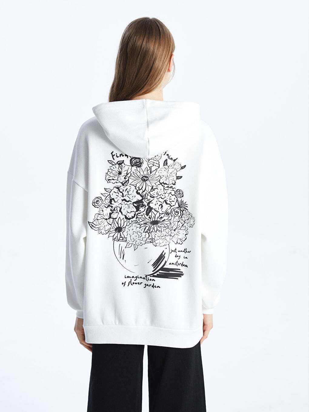 LCW Vision Ekru Baskılı Oversize Kadın Kalın Hoodie - 4