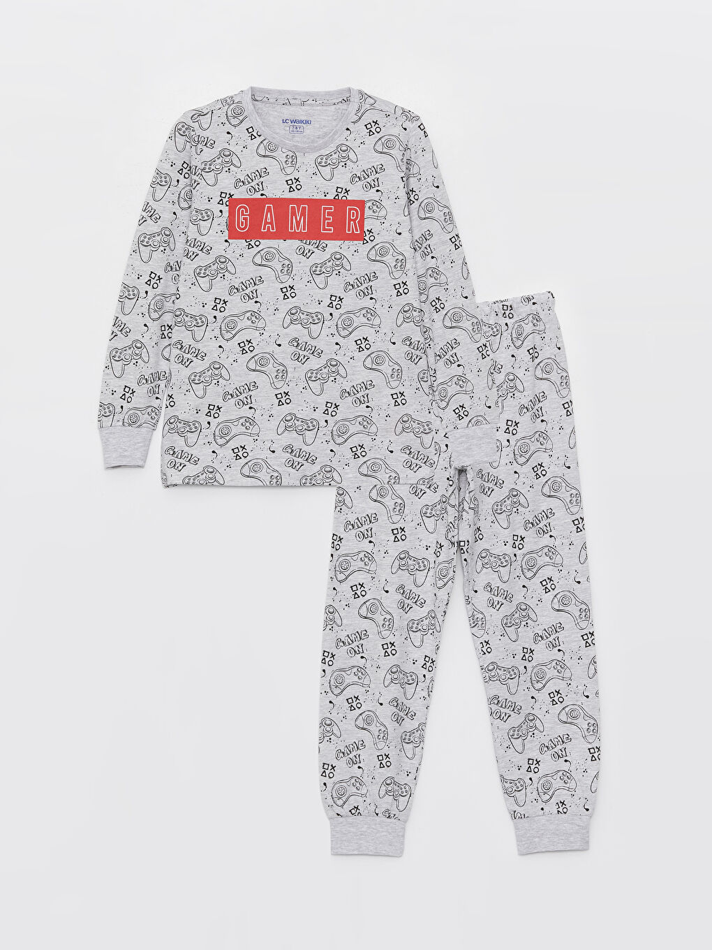 LCW Kids Gri Bisiklet Yaka Baskılı Uzun Kollu Erkek Çocuk Pijama Takımı