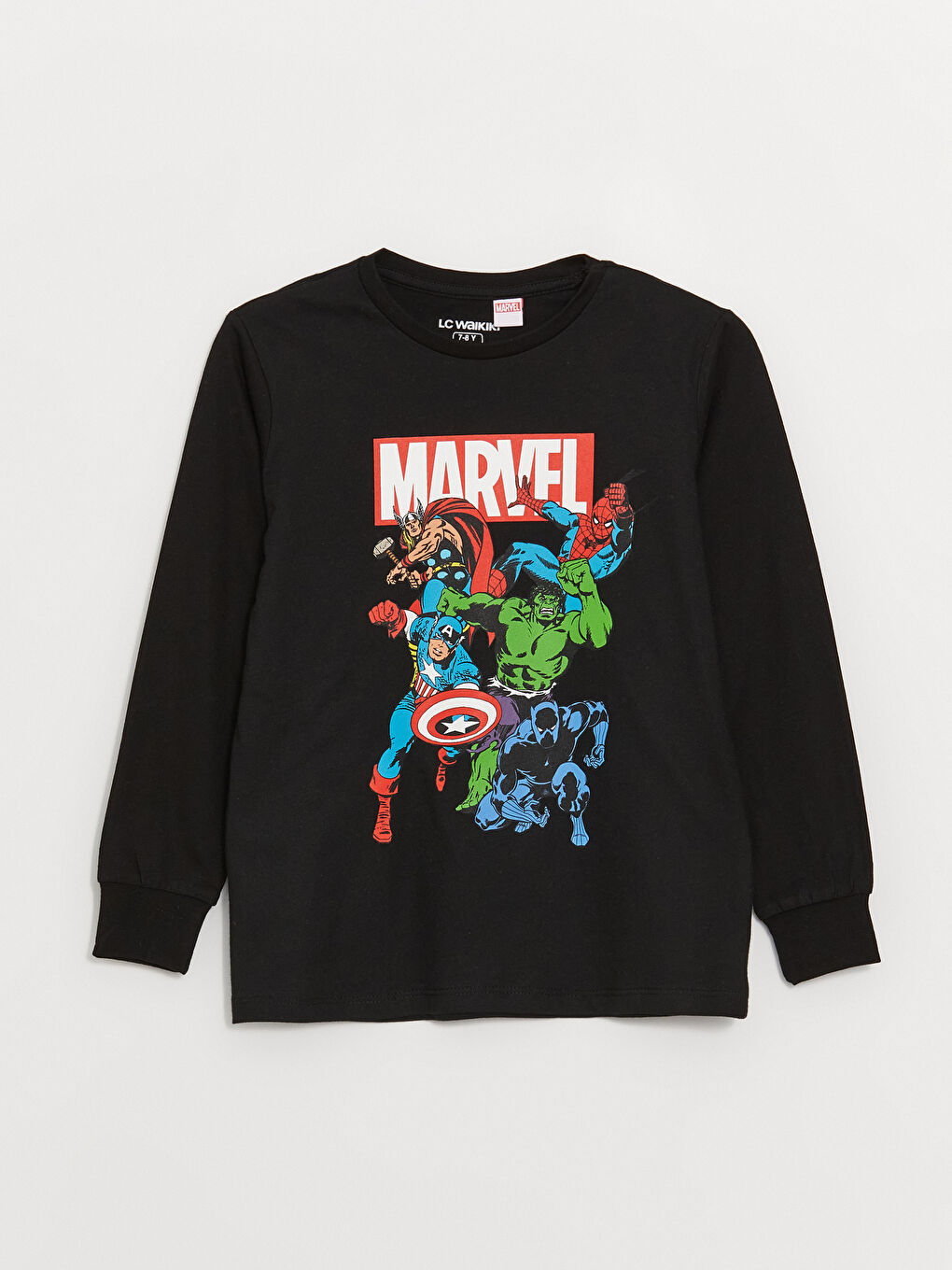 Siyah Bisiklet Yaka Marvel Baskılı Erkek Çocuk Pijama Üst