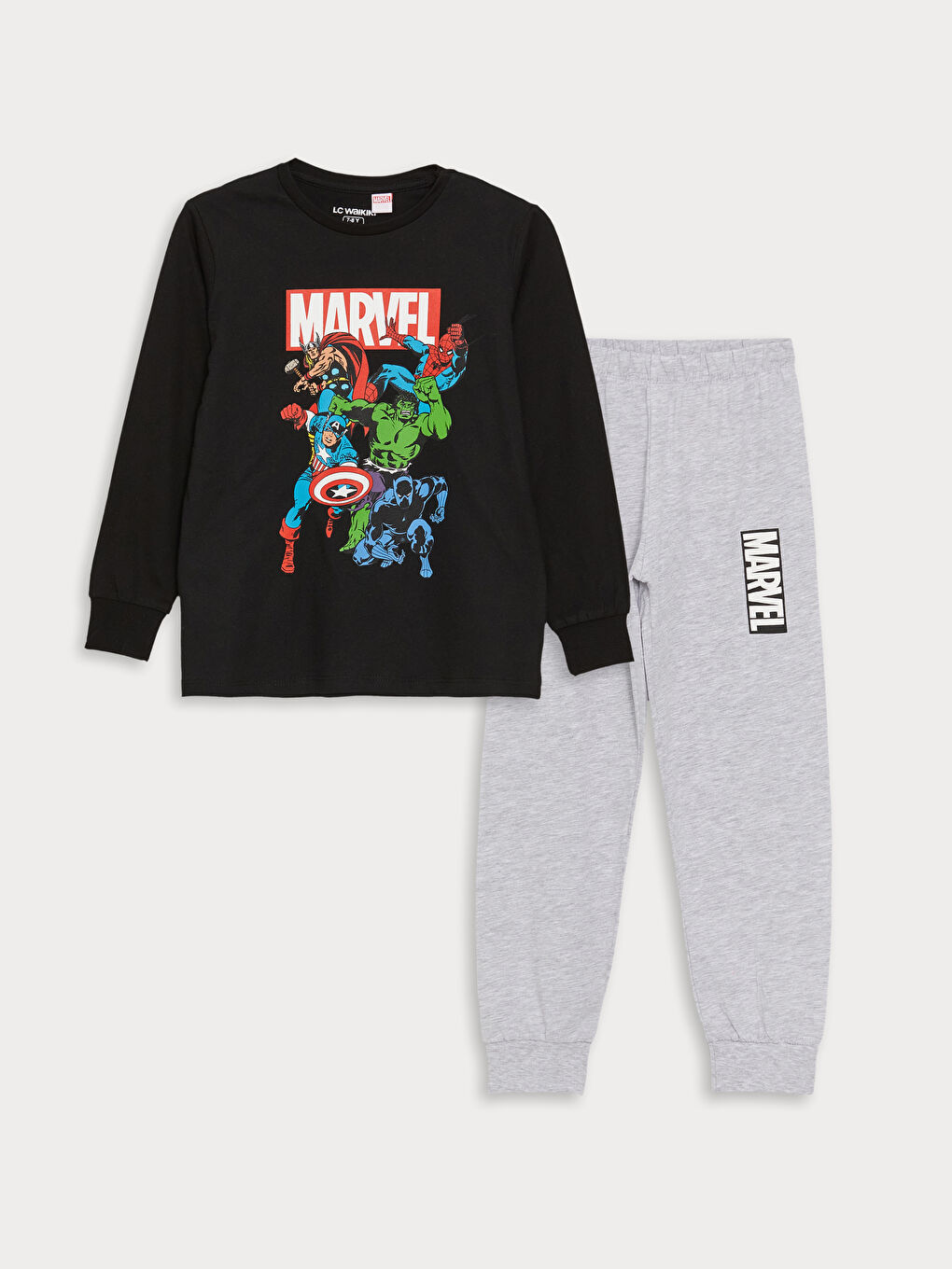 LCW Kids Siyah Bisiklet Yaka Marvel Baskılı Uzun Kollu Erkek Çocuk Pijama Takımı