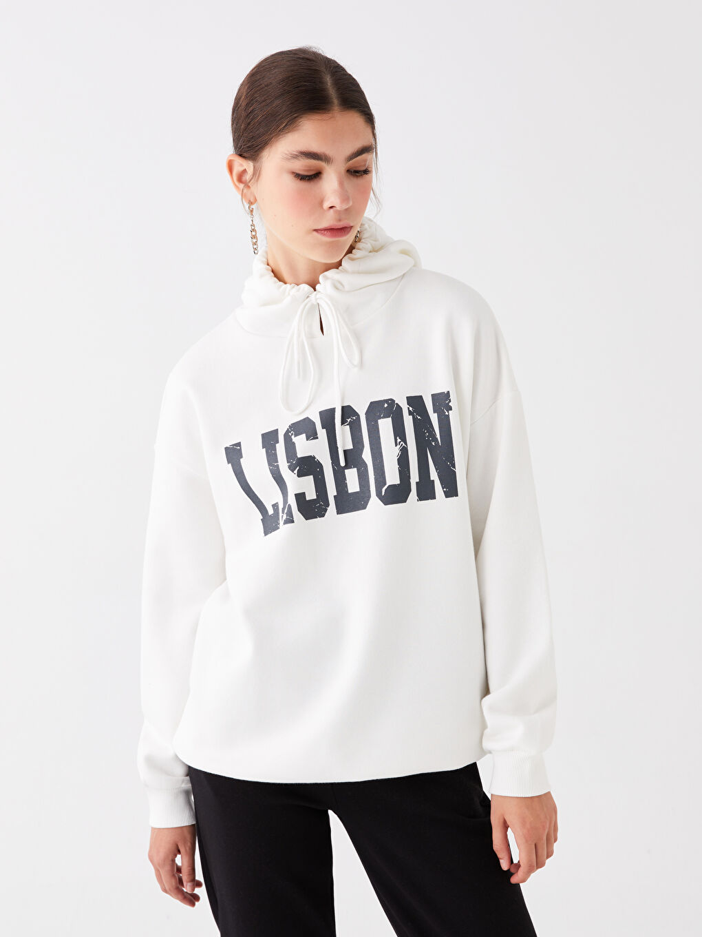 LCW Vision Ekru Baskılı Uzun Kollu Oversize Kadın Hoodie