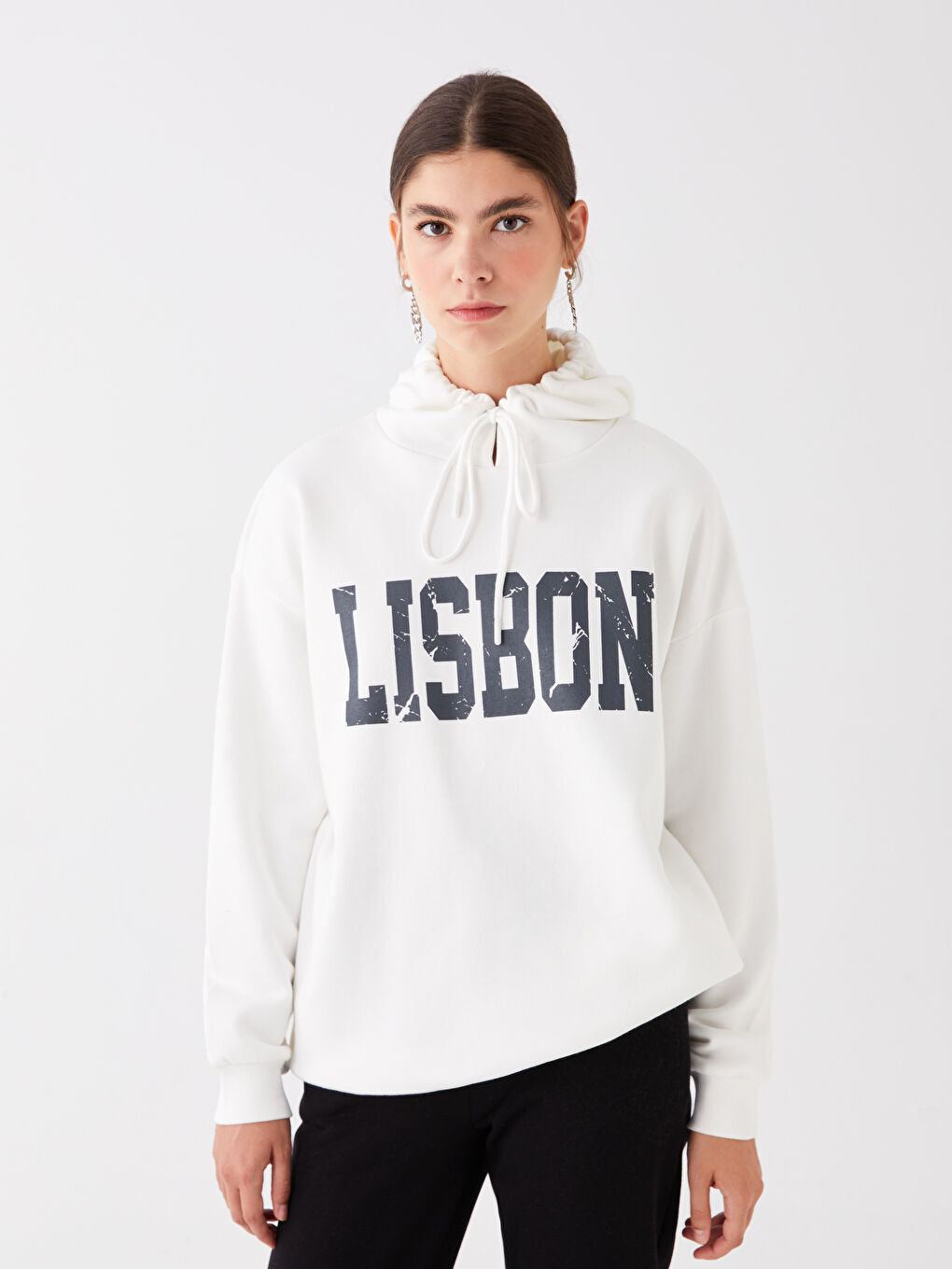 LCW Vision Ekru Baskılı Uzun Kollu Oversize Kadın Hoodie - 1